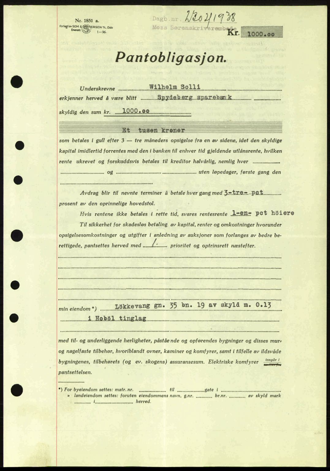 Moss sorenskriveri, SAO/A-10168: Pantebok nr. B6, 1938-1938, Dagboknr: 2302/1938