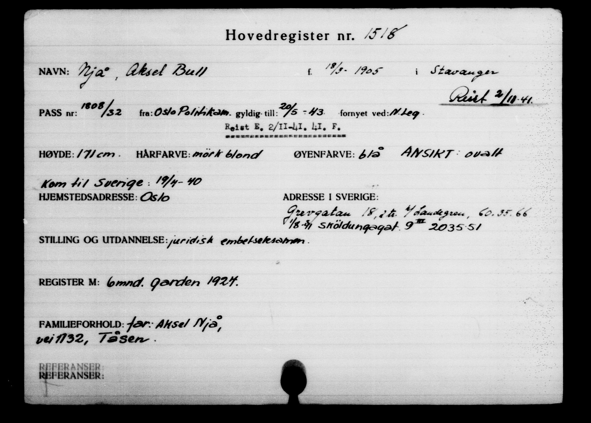 Utenriksstasjonene, Legasjonen i Stockholm, Flyktningkontoret, AV/RA-S-6753/V/Va/L0002: Kjesäterkartoteket, flyktninger med registreringsnr. 1001-2000, 1940-1945, s. 731