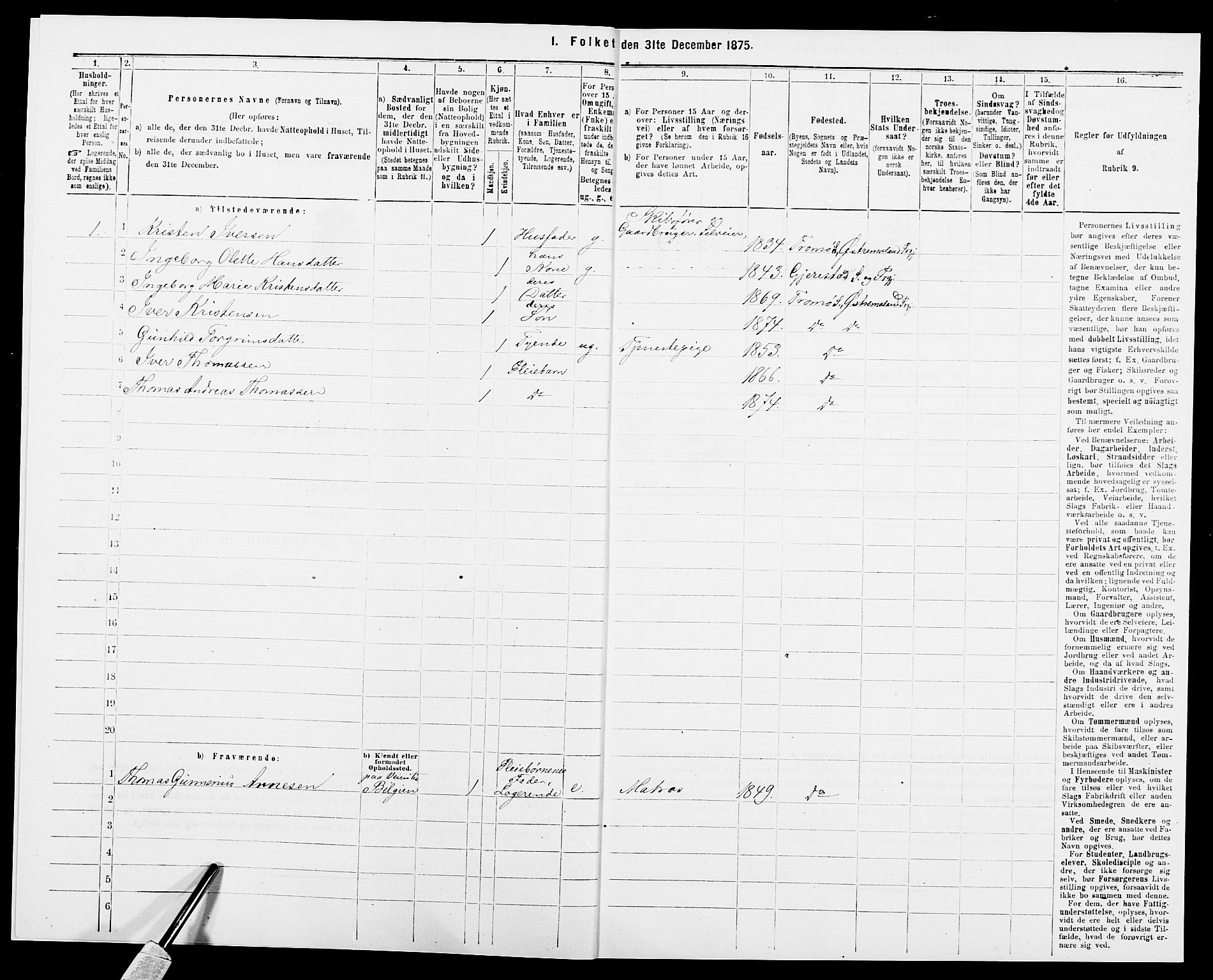 SAK, Folketelling 1875 for 0918P Austre Moland prestegjeld, 1875, s. 1099