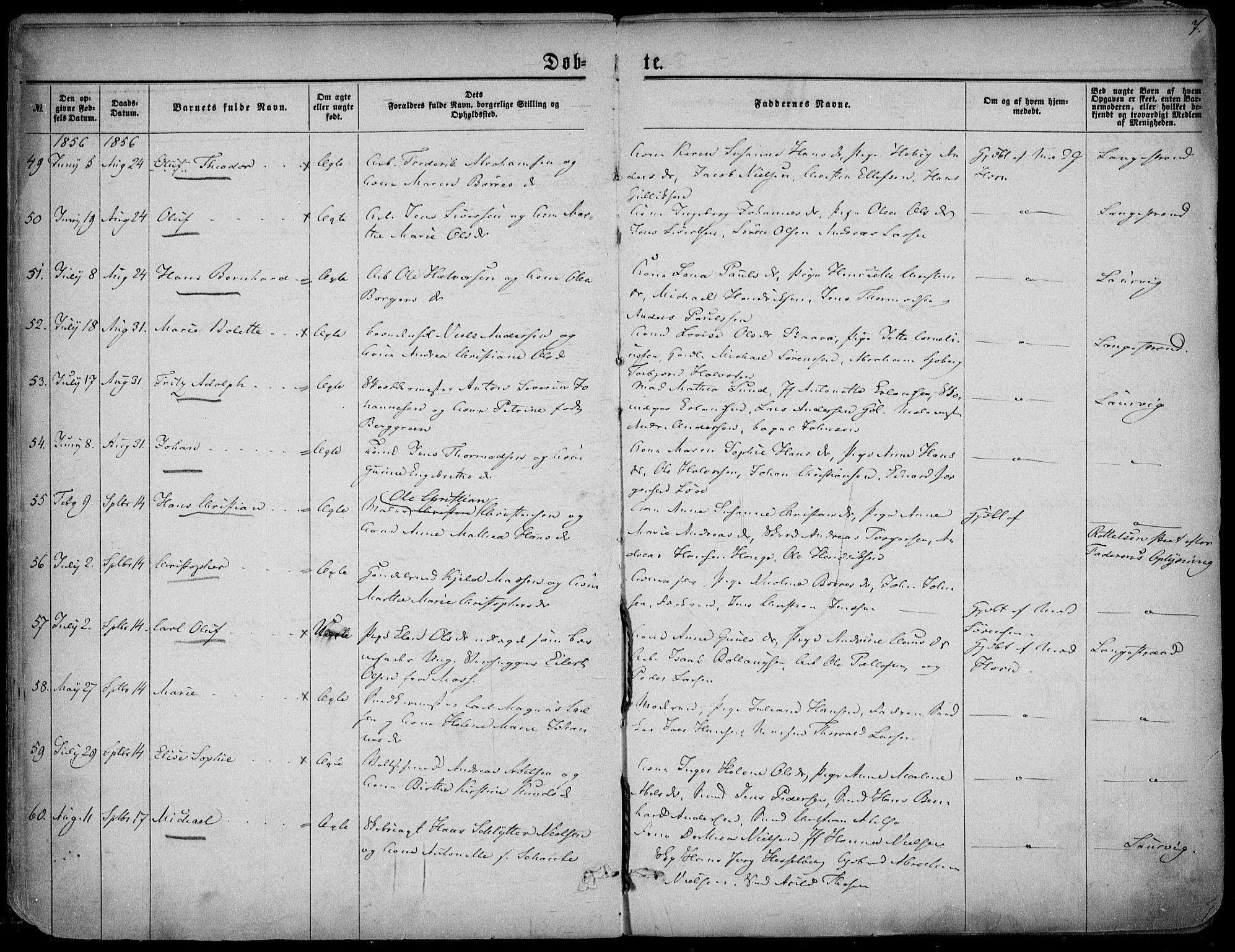 Larvik kirkebøker, AV/SAKO-A-352/F/Fa/L0004: Ministerialbok nr. I 4, 1856-1870, s. 7