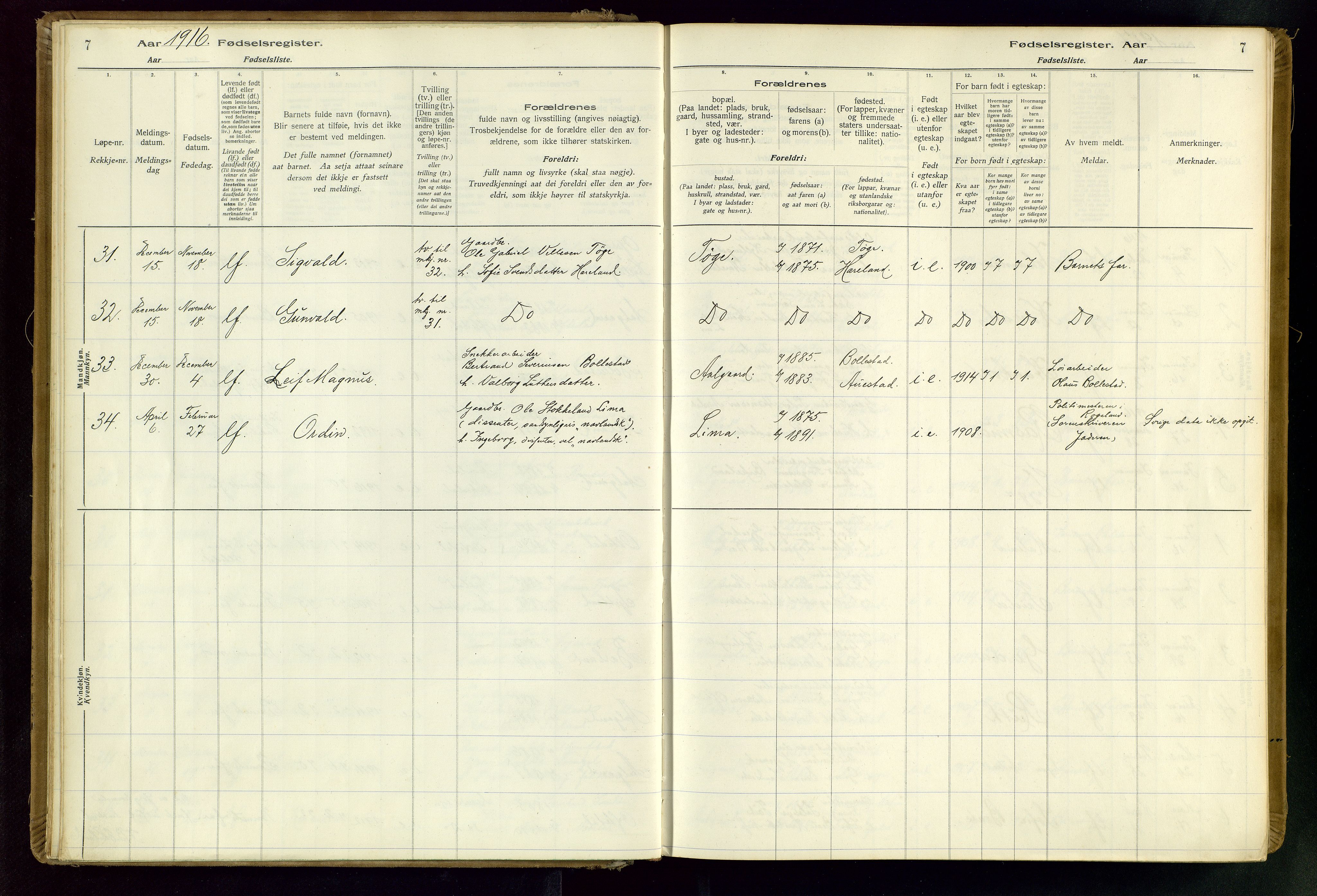 Gjesdal sokneprestkontor, SAST/A-101796/002/O/L0001: Fødselsregister nr. 1, 1916-1949, s. 7