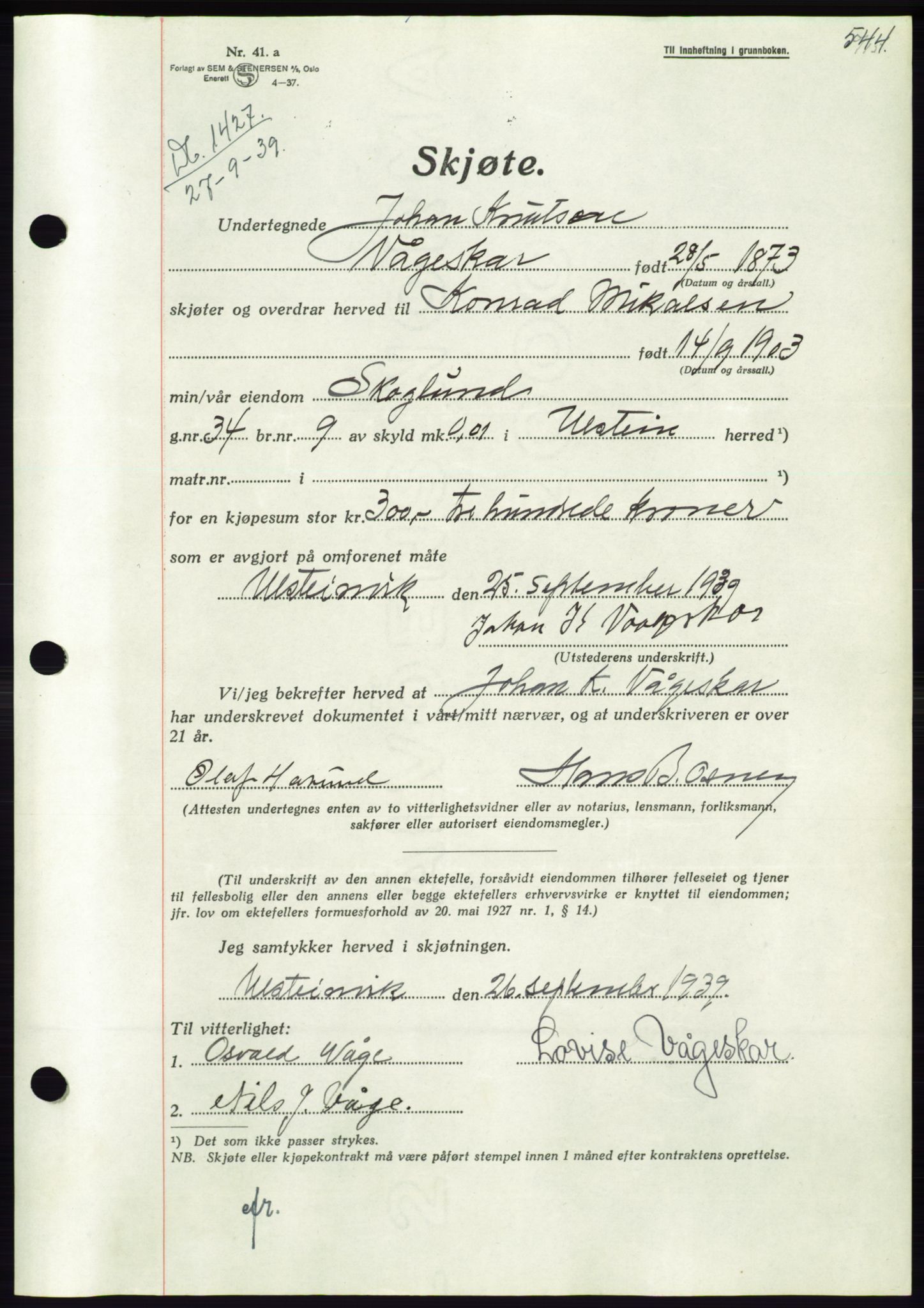 Søre Sunnmøre sorenskriveri, AV/SAT-A-4122/1/2/2C/L0068: Pantebok nr. 62, 1939-1939, Dagboknr: 1427/1939