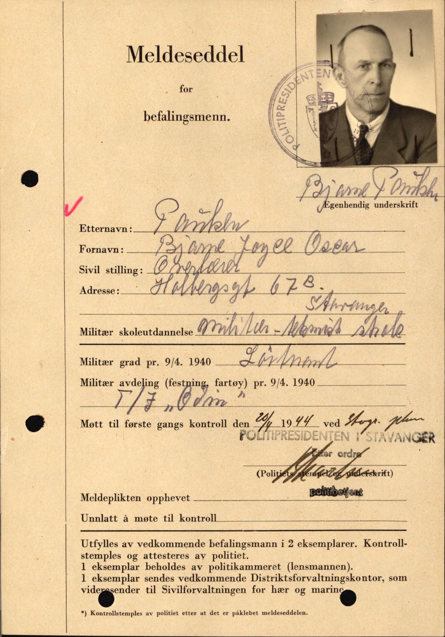 Forsvaret, Forsvarets krigshistoriske avdeling, AV/RA-RAFA-2017/Y/Yf/L0209: II-C-11-2121  -  Okkupasjonstiden.  Meldesedler for befal med foto og oppl. om militær grad 9. apr. 1940., 1944-1945, s. 497