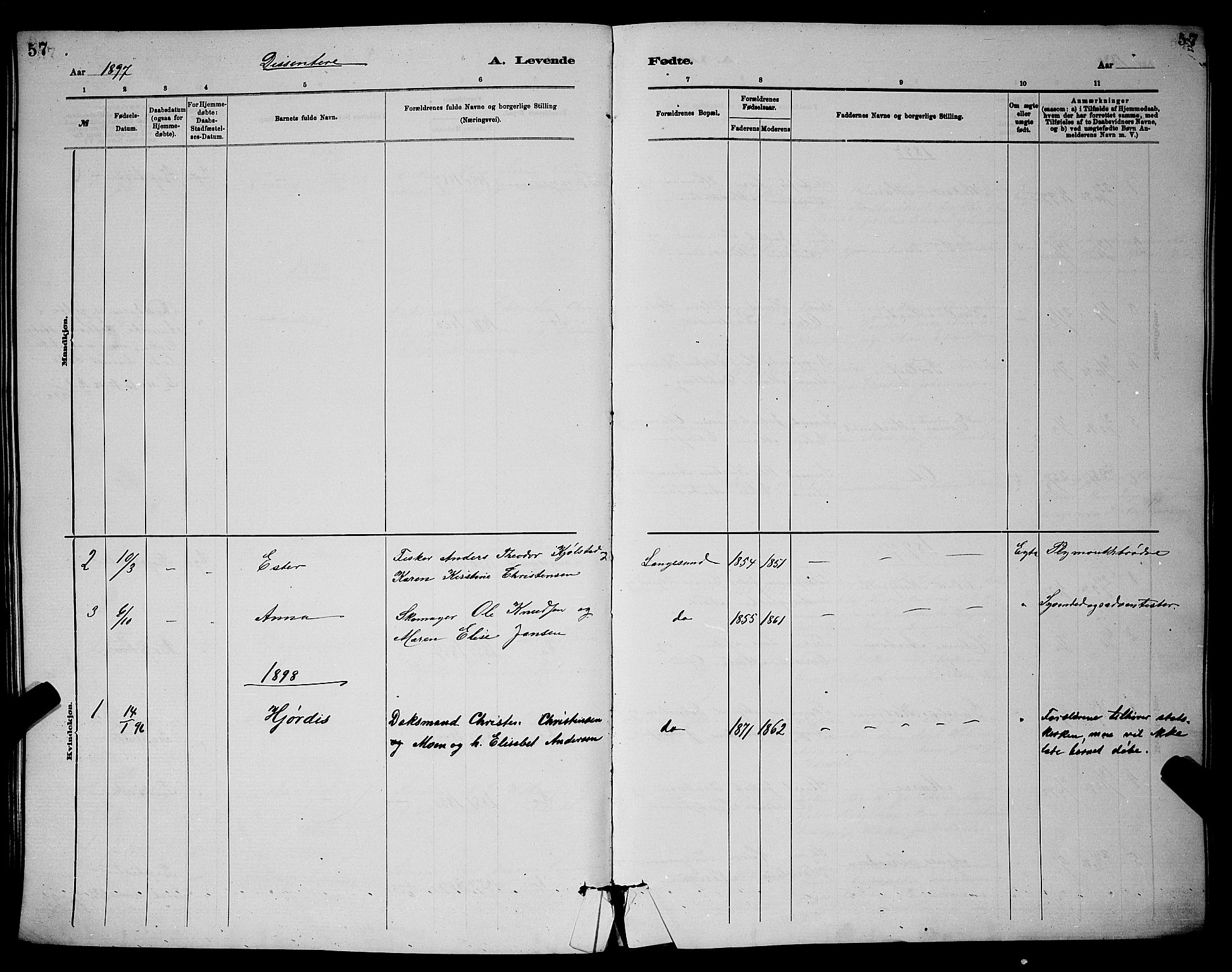 Langesund kirkebøker, AV/SAKO-A-280/G/Ga/L0005: Klokkerbok nr. 5, 1884-1898, s. 57