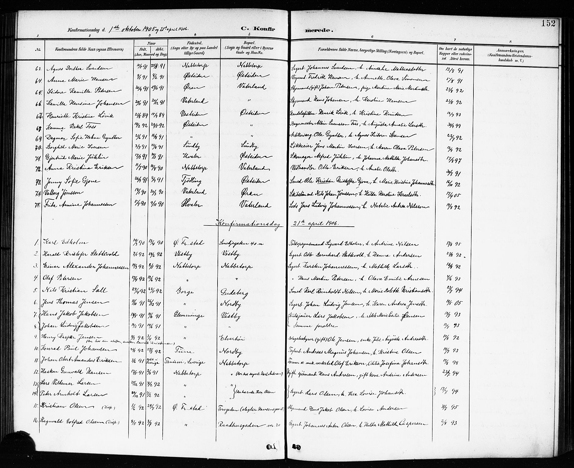 Østre Fredrikstad prestekontor Kirkebøker, AV/SAO-A-10907/G/Ga/L0002: Klokkerbok nr. 2, 1900-1919, s. 152