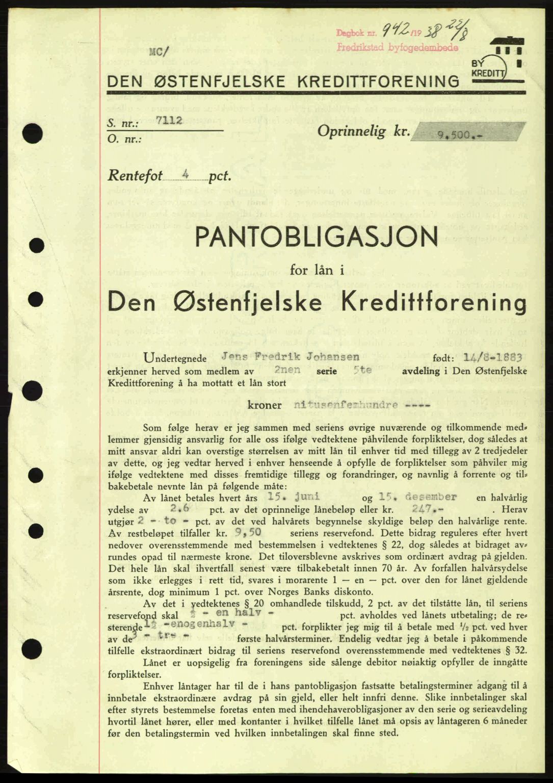 Fredrikstad byfogd, SAO/A-10473a/G/Ga/Gad/L0002: Pantebok nr. B2, 1938-1939, Dagboknr: 942/1938