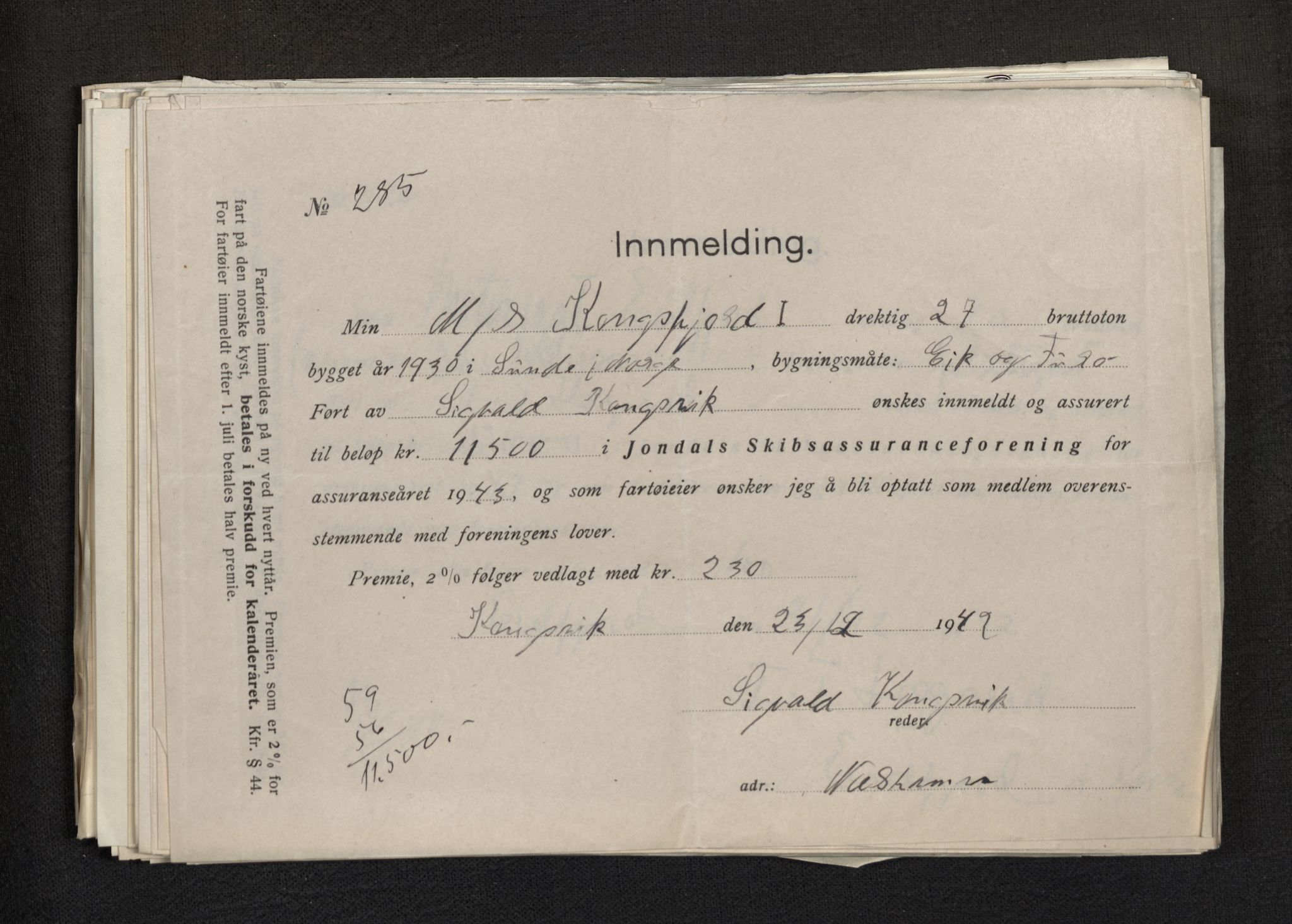 Jondal Skipsassuranseforening, AV/SAB-SAB/PA-0276/E/L0113: Korrespondanse , 1943