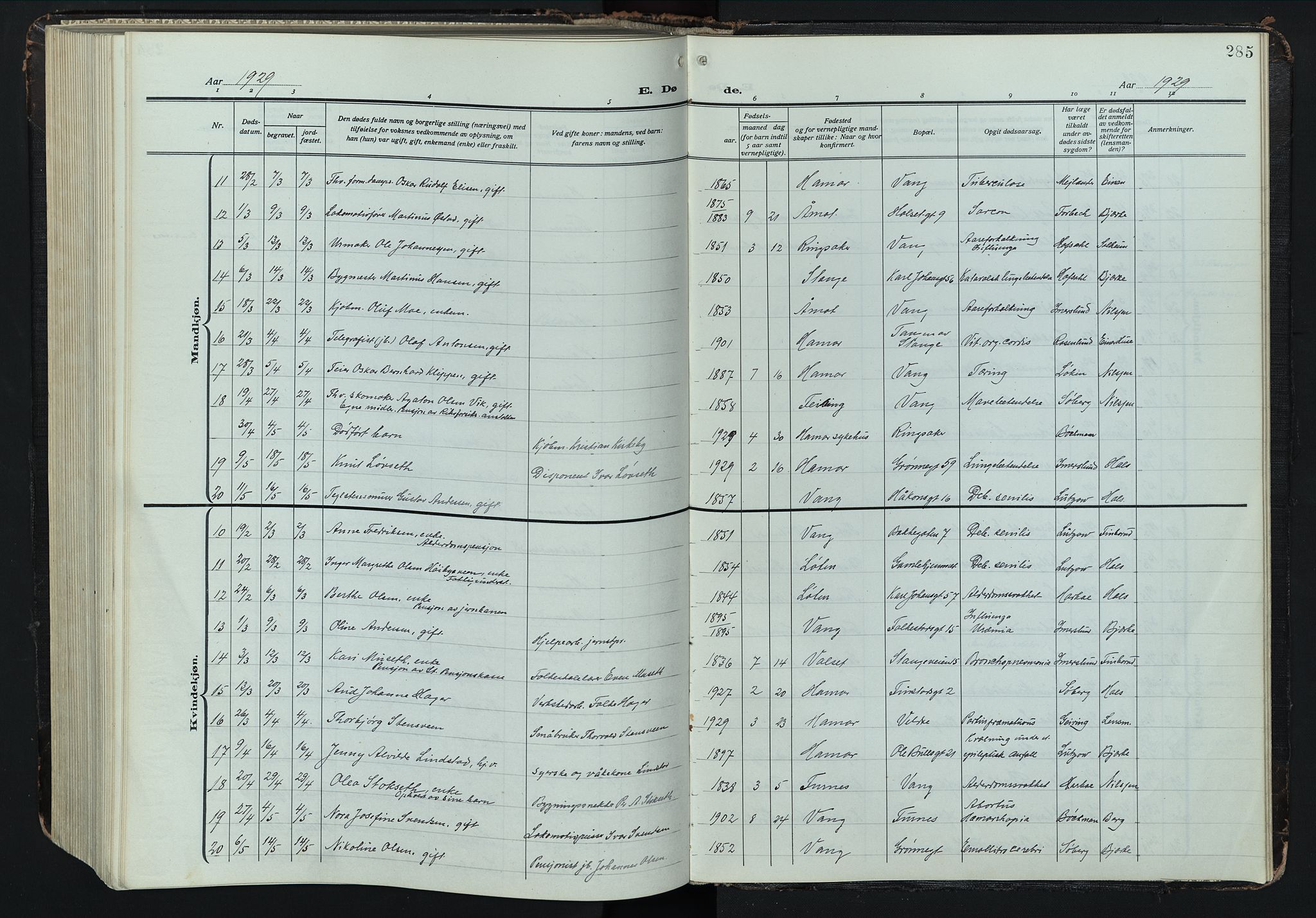 Hamar prestekontor, AV/SAH-DOMPH-002/H/Ha/Hab/L0004: Klokkerbok nr. 4, 1915-1942, s. 285