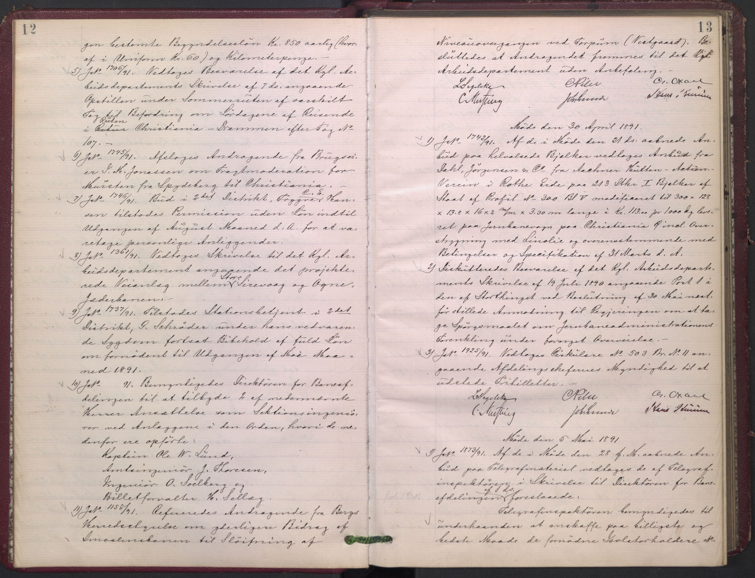 Norges statsbaner, Administrasjons- økonomi- og personalavdelingen, RA/S-3412/A/Aa/L0002: Forhandlingsprotokoll, 1891-1893, s. 12-13