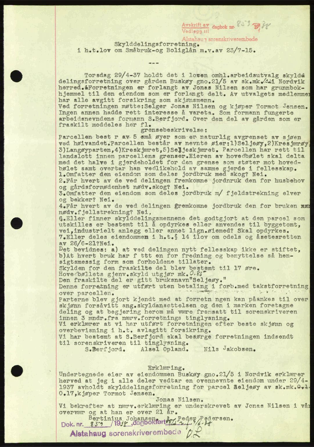 Alstahaug sorenskriveri, SAT/A-1009: Pantebok nr. A3, 1937-1938, Dagboknr: 859/1938