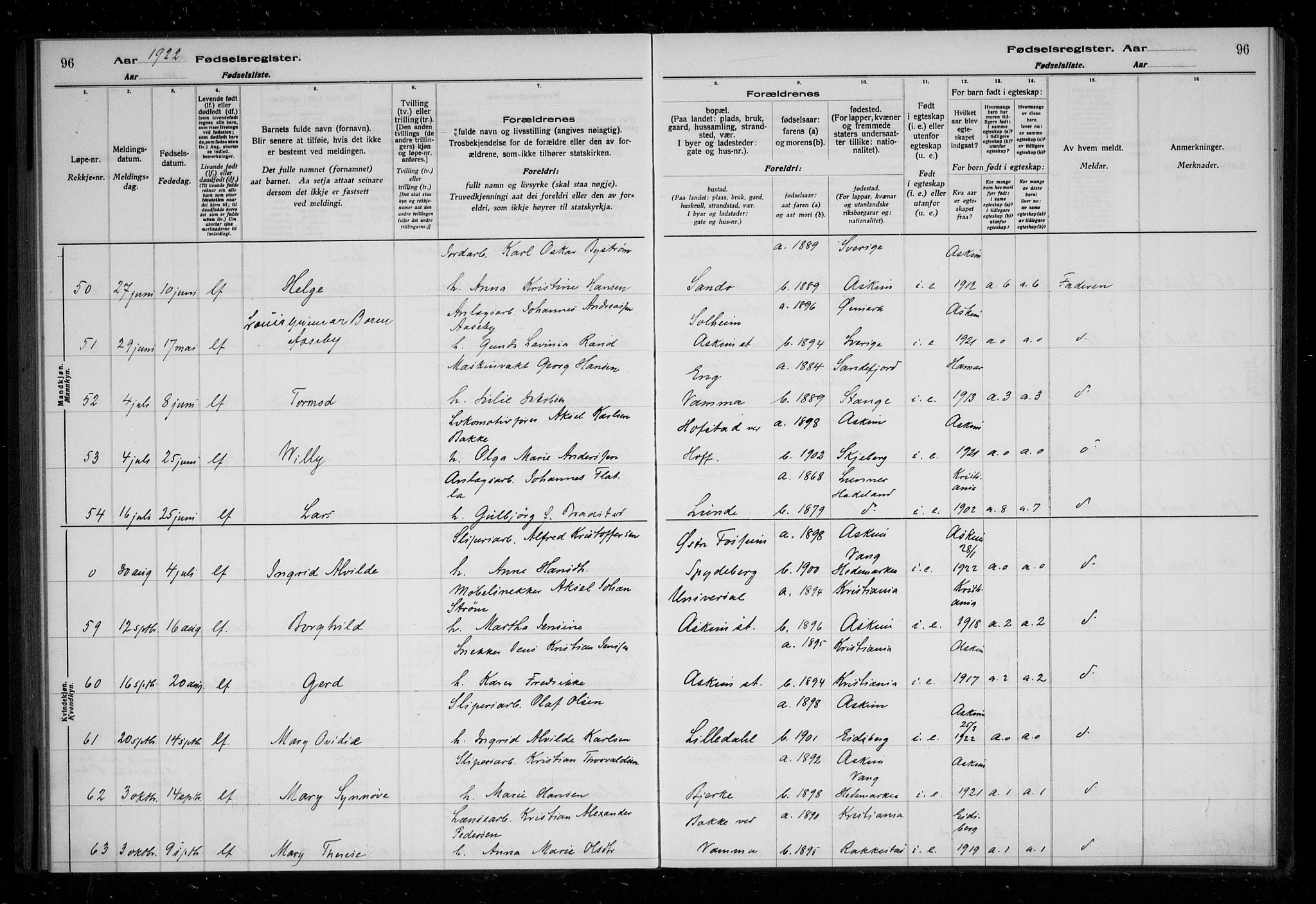 Askim prestekontor Kirkebøker, AV/SAO-A-10900/J/Ja/L0001: Fødselsregister nr. 1, 1916-1929, s. 96