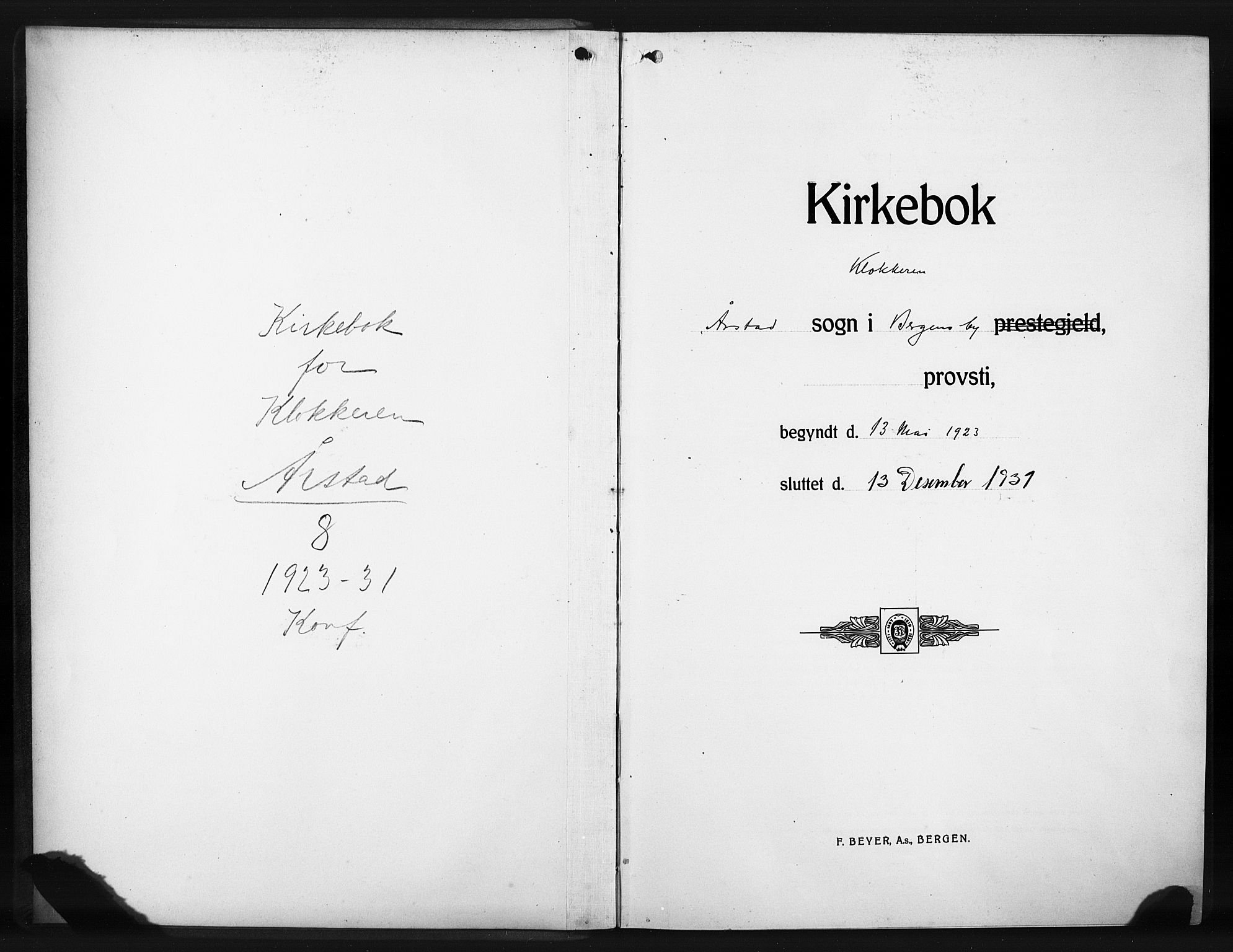 Årstad Sokneprestembete, AV/SAB-A-79301/H/Hab/L0014: Klokkerbok nr. B 4, 1923-1931