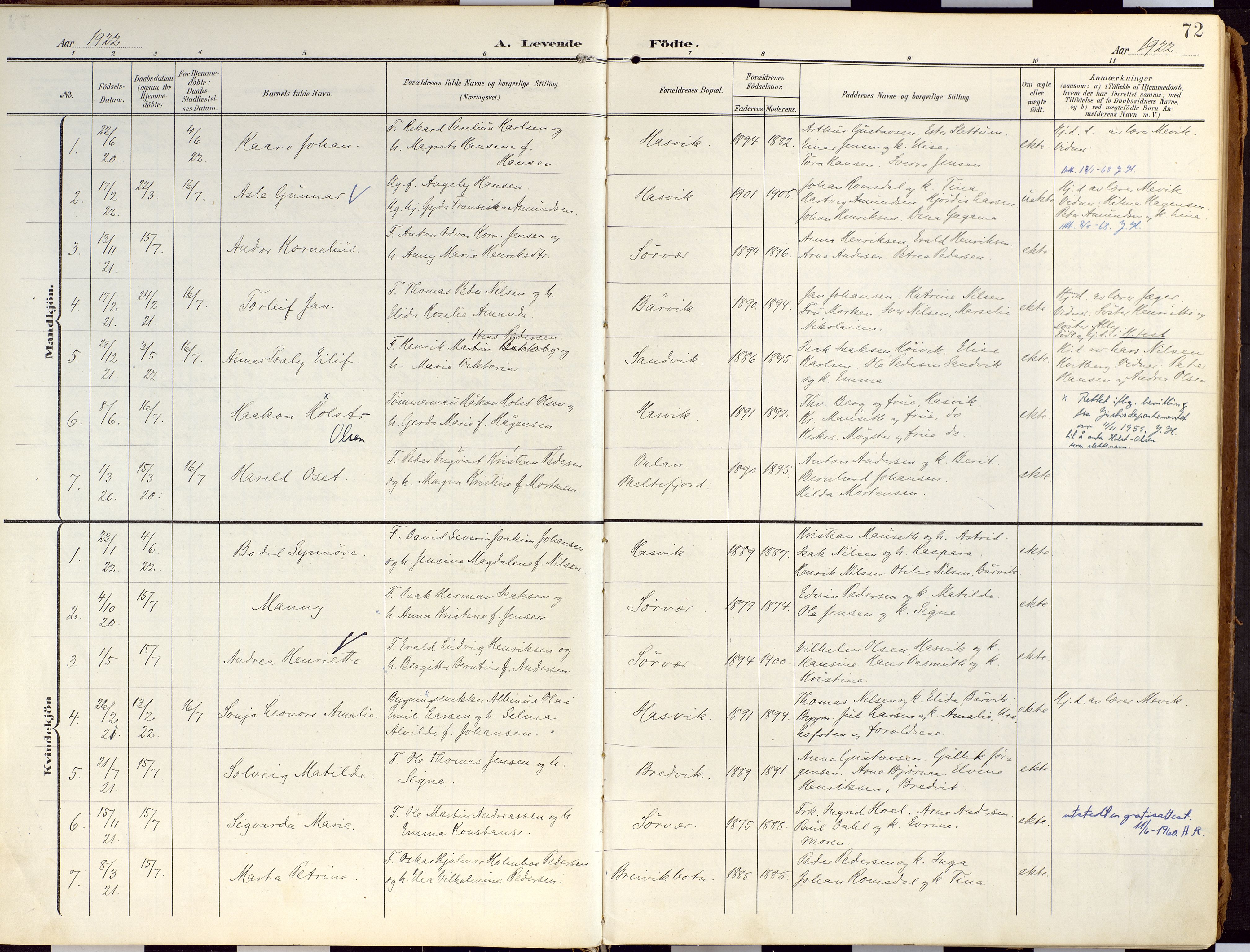 Loppa sokneprestkontor, AV/SATØ-S-1339/H/Ha/L0010kirke: Ministerialbok nr. 10, 1907-1922, s. 72