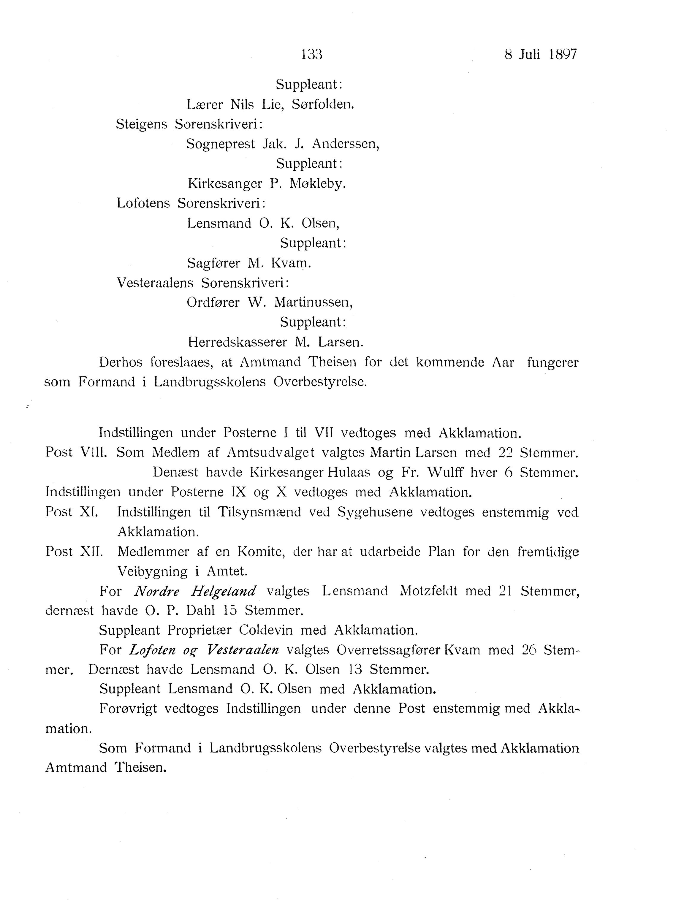 Nordland Fylkeskommune. Fylkestinget, AIN/NFK-17/176/A/Ac/L0020: Fylkestingsforhandlinger 1897, 1897