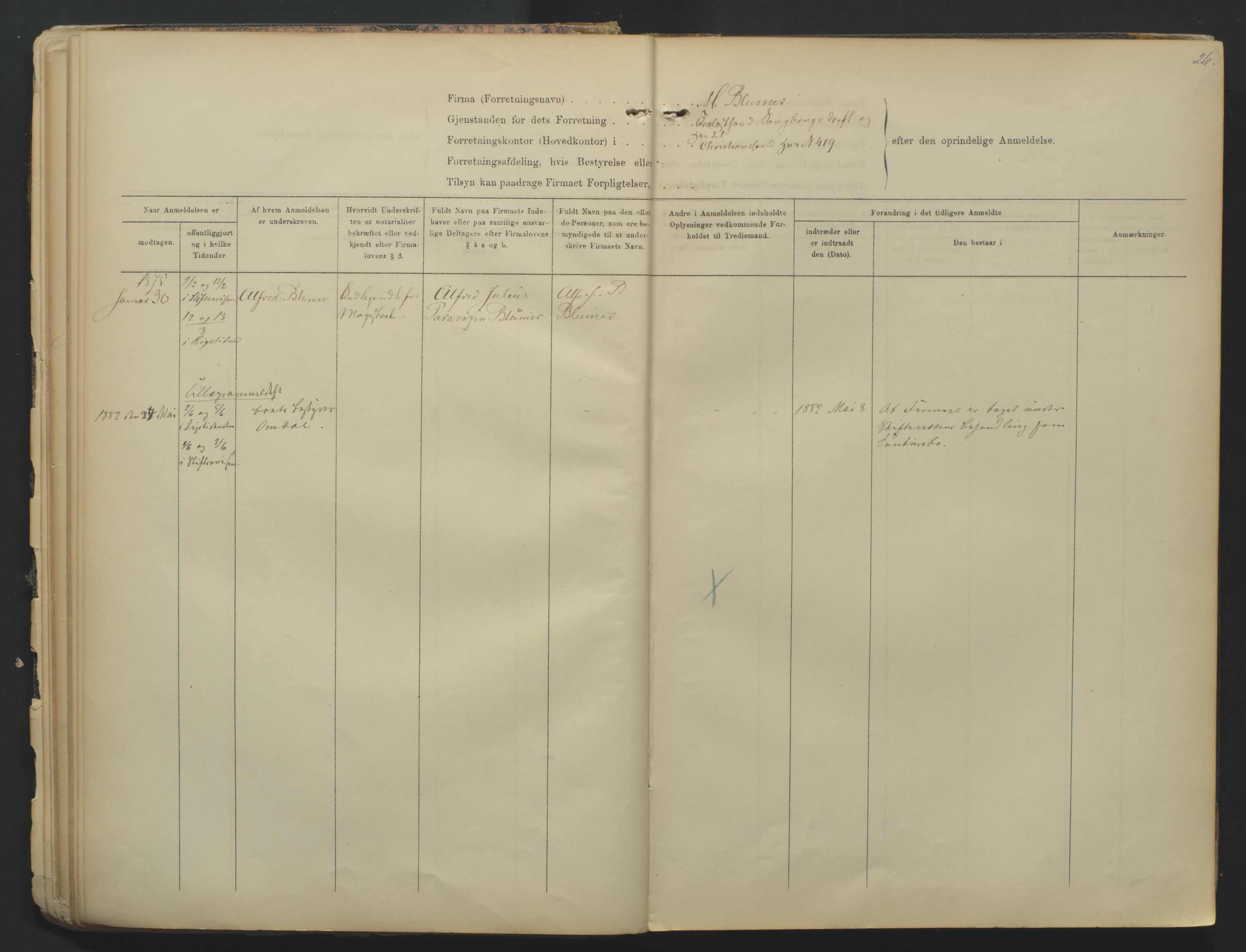 Kristiansand byrett, SAK/1223-0001/K/Kb/L0001: Firmaregister A, med register, 1874-1890, s. 26