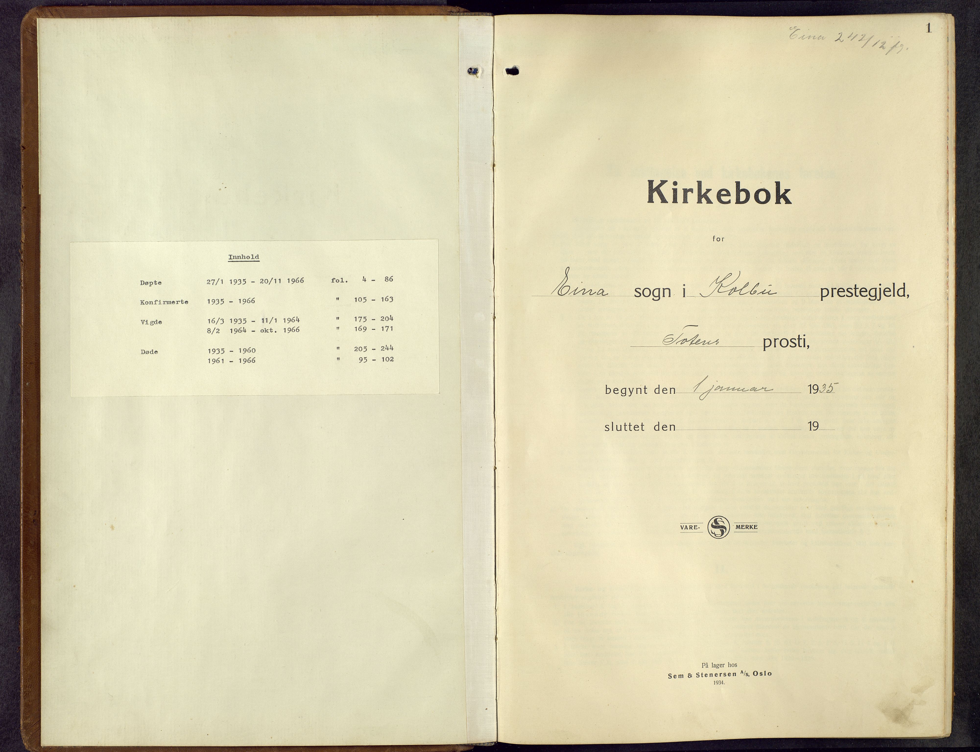 Kolbu prestekontor, SAH/PREST-110/H/Ha/Hab/L0003: Klokkerbok nr. 3, 1935-1966, s. 1
