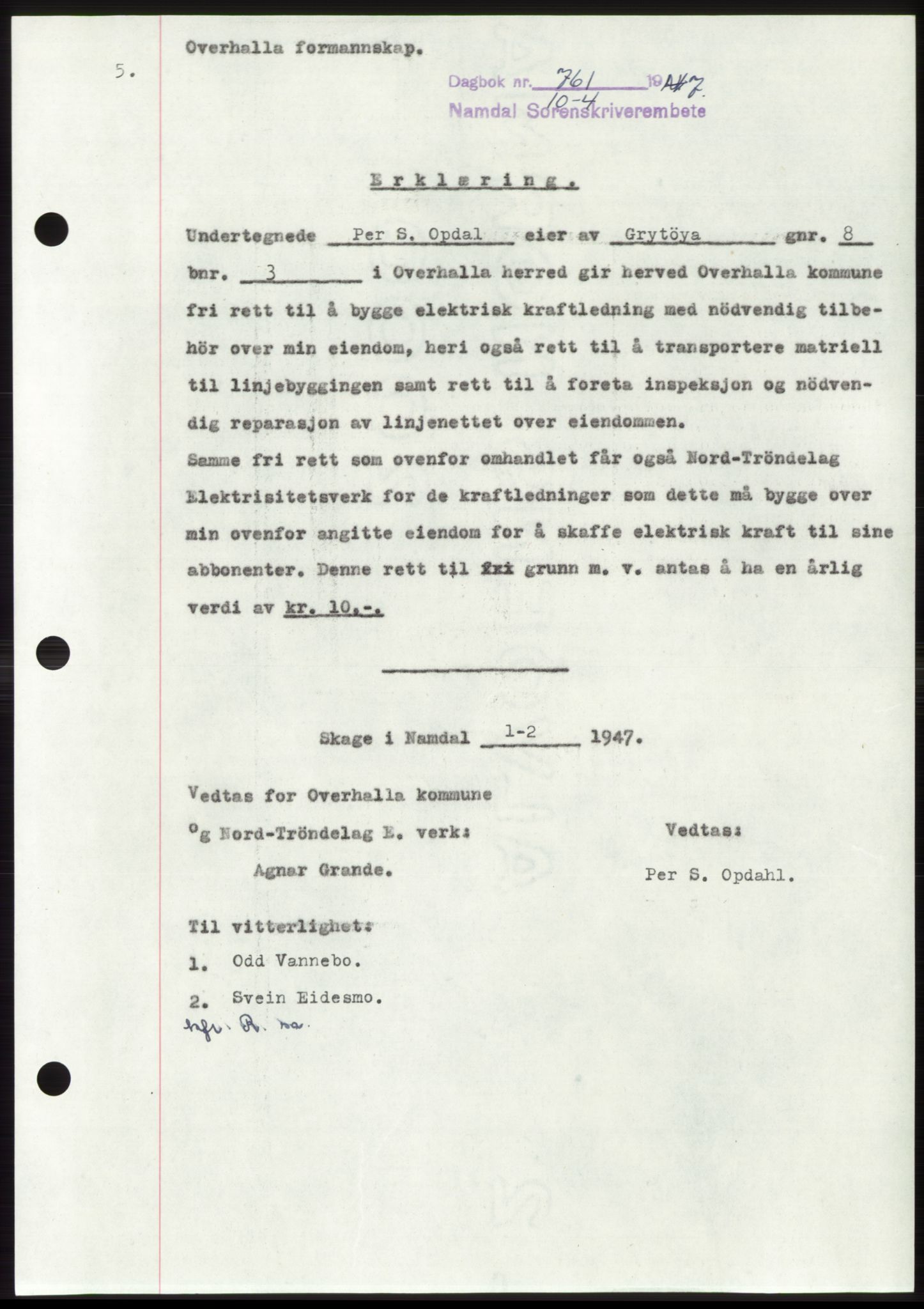 Namdal sorenskriveri, SAT/A-4133/1/2/2C: Pantebok nr. -, 1947-1947, Dagboknr: 761/1947