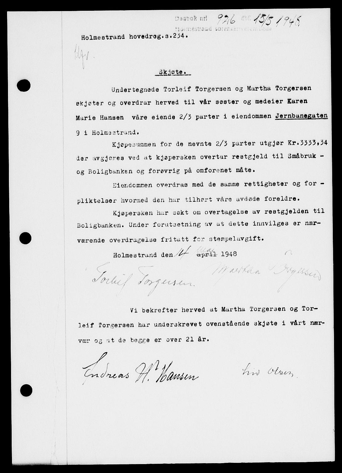 Holmestrand sorenskriveri, SAKO/A-67/G/Ga/Gaa/L0064: Pantebok nr. A-64, 1948-1948, Dagboknr: 926/1948