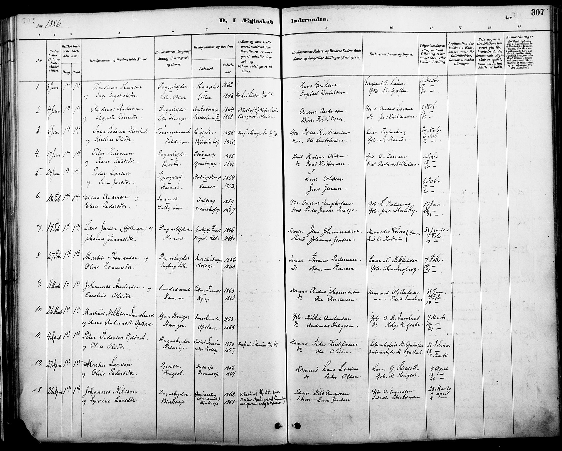 Vang prestekontor, Hedmark, AV/SAH-PREST-008/H/Ha/Haa/L0019A: Ministerialbok nr. 19, 1886-1900, s. 307