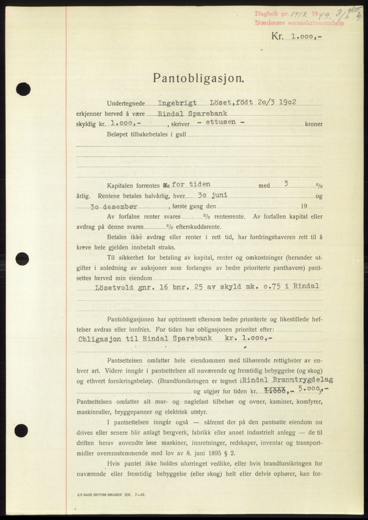 Nordmøre sorenskriveri, SAT/A-4132/1/2/2Ca: Pantebok nr. B101, 1949-1949, Dagboknr: 1412/1949