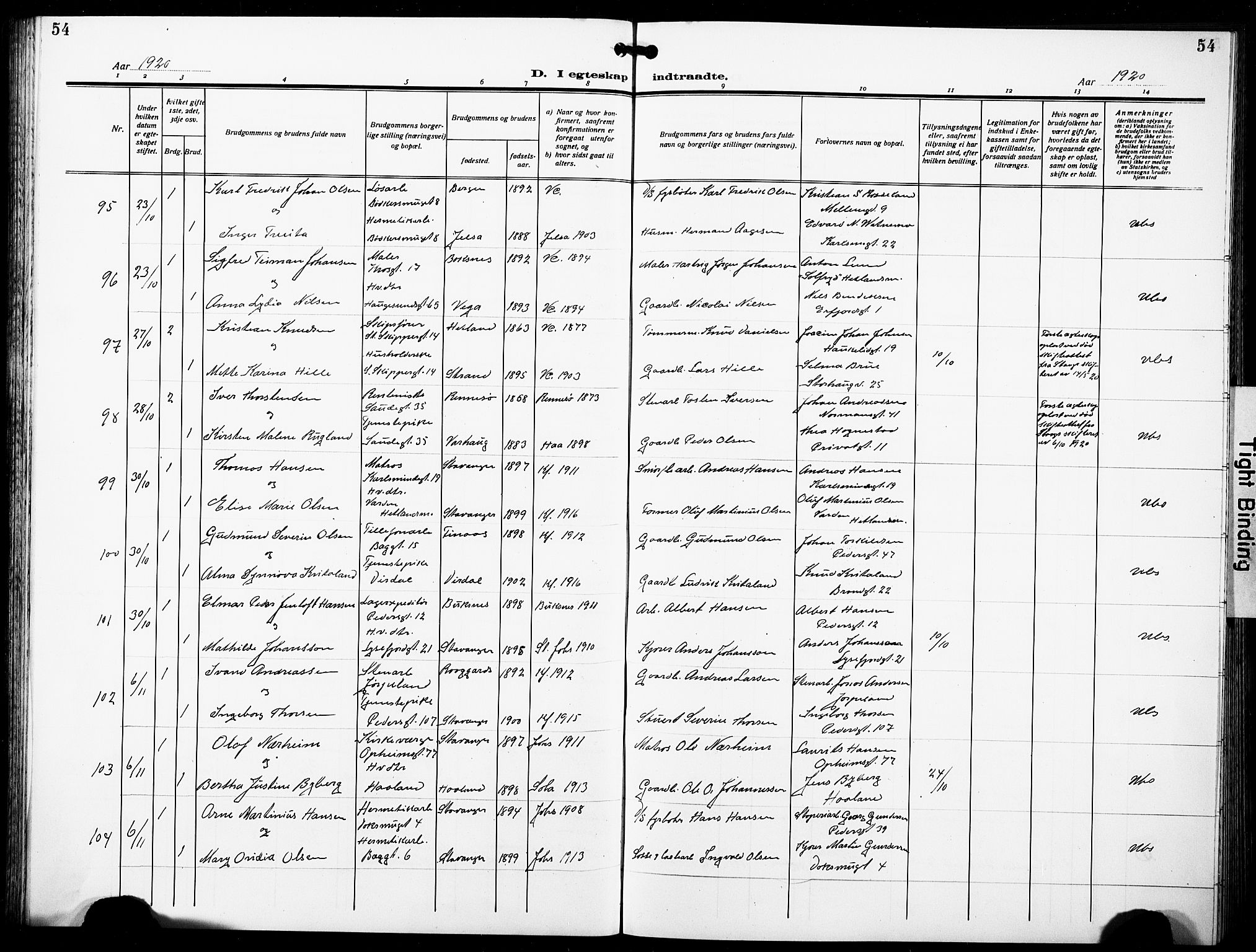 St. Johannes sokneprestkontor, SAST/A-101814/001/30/30BB/L0007: Klokkerbok nr. B 7, 1917-1932, s. 54