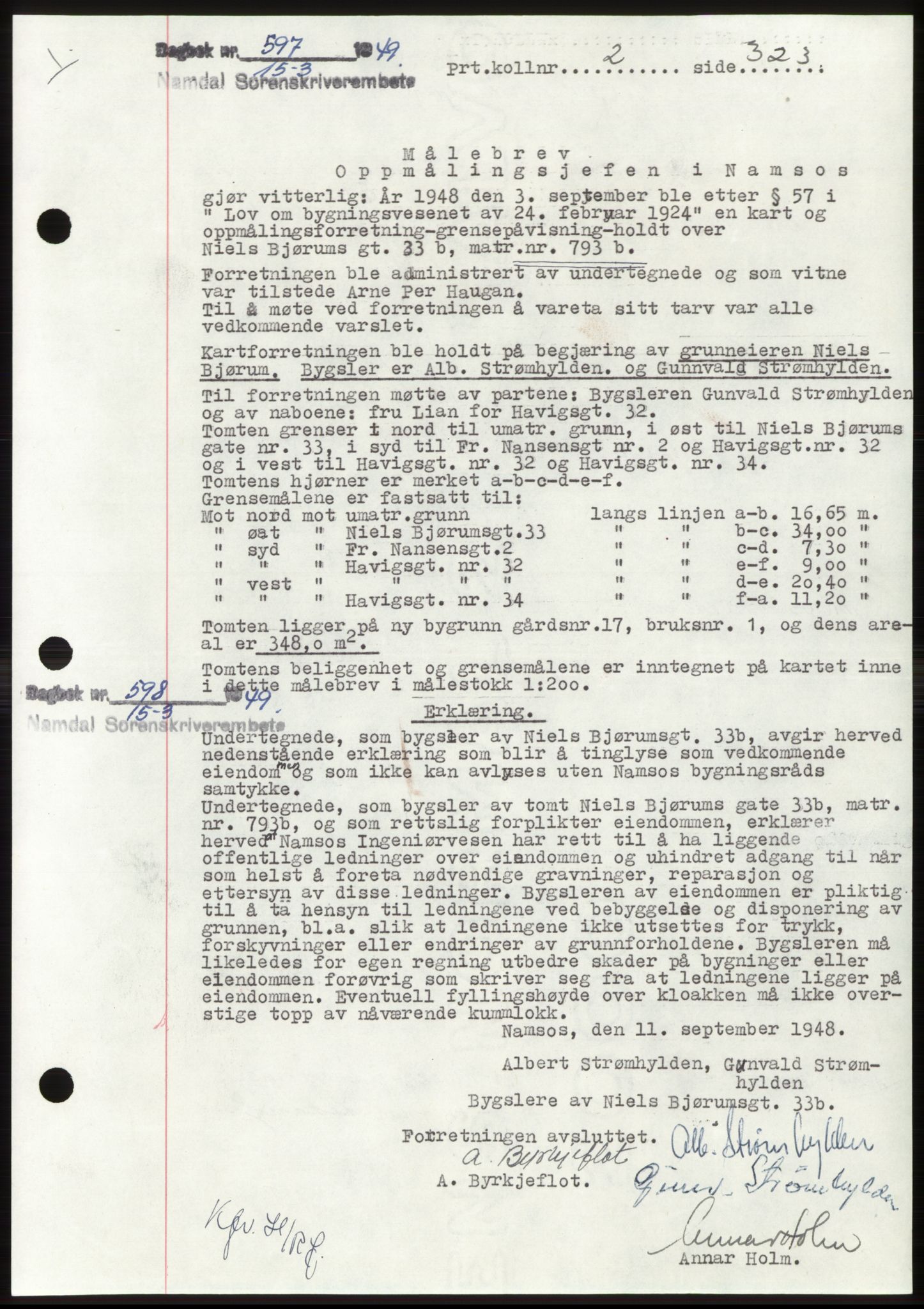 Namdal sorenskriveri, SAT/A-4133/1/2/2C: Pantebok nr. -, 1949-1949, Dagboknr: 597/1949