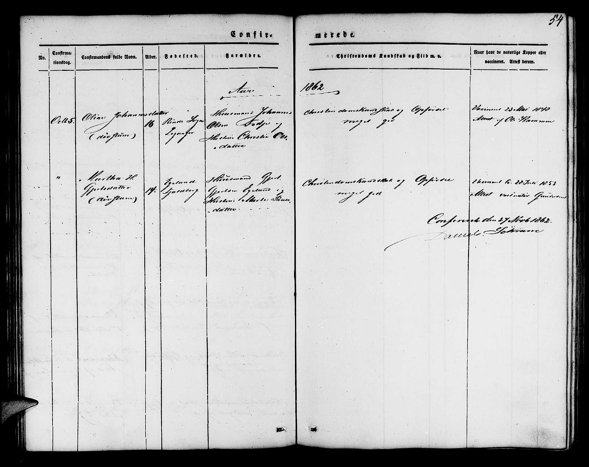 Mariakirken Sokneprestembete, SAB/A-76901/H/Hab/L0002: Klokkerbok nr. A 2, 1846-1862, s. 54