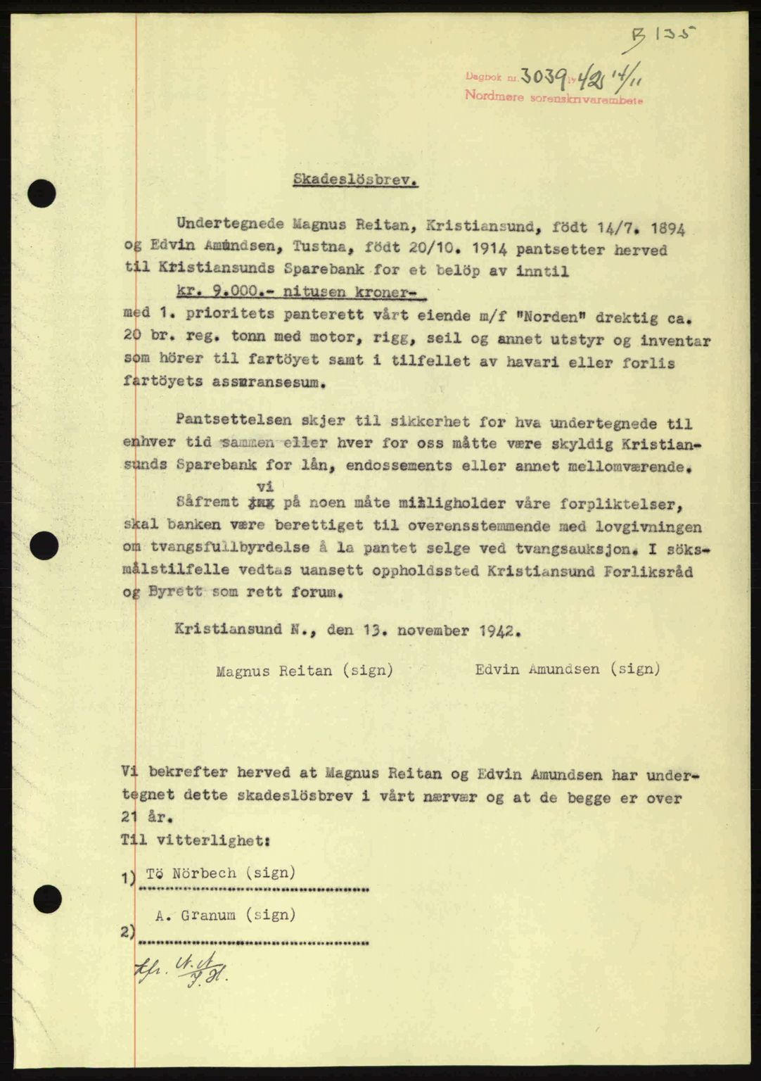 Nordmøre sorenskriveri, SAT/A-4132/1/2/2Ca: Pantebok nr. B90, 1942-1943, Dagboknr: 3039/1942