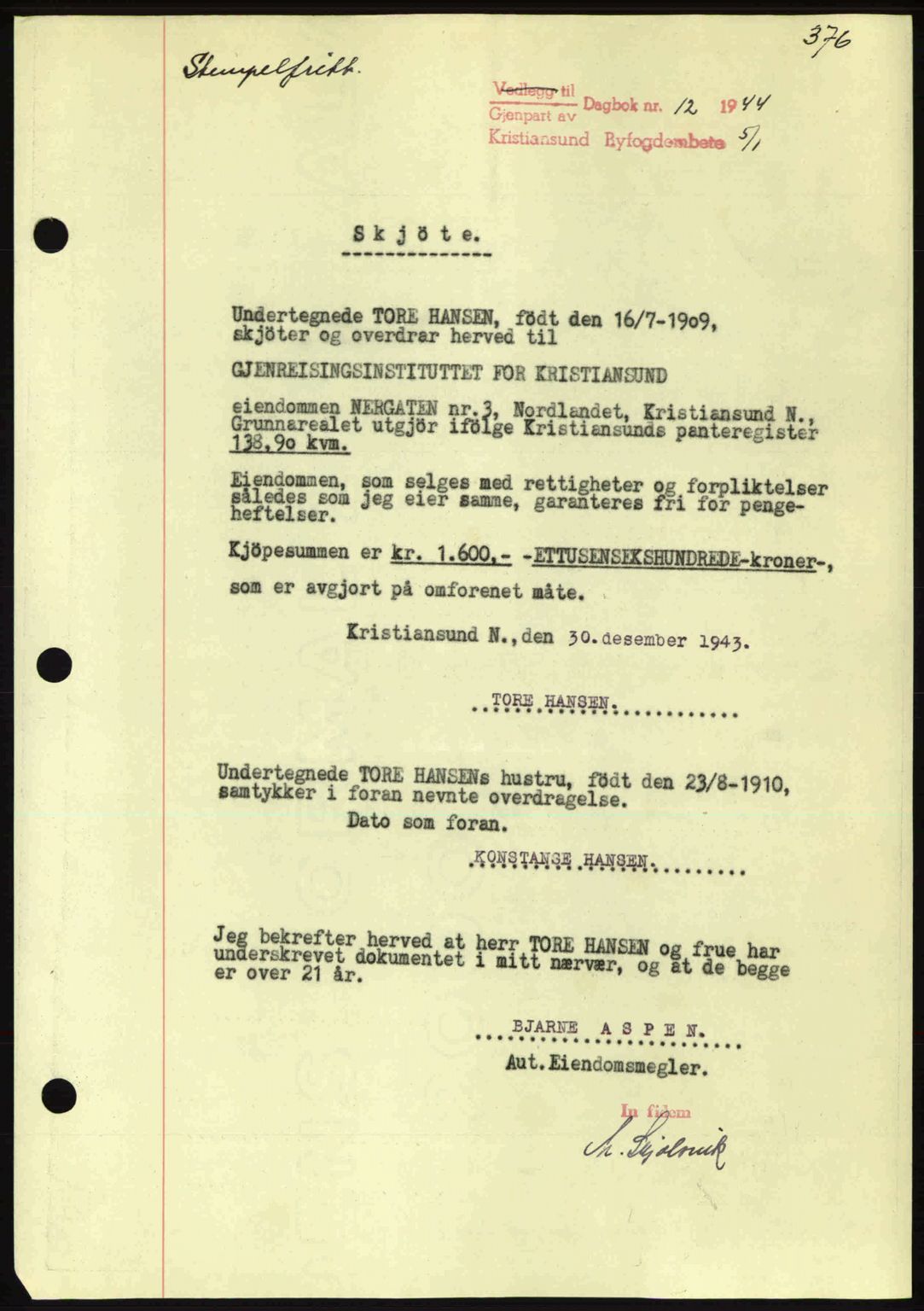 Kristiansund byfogd, AV/SAT-A-4587/A/27: Pantebok nr. 34, 1941-1945, Dagboknr: 12/1944