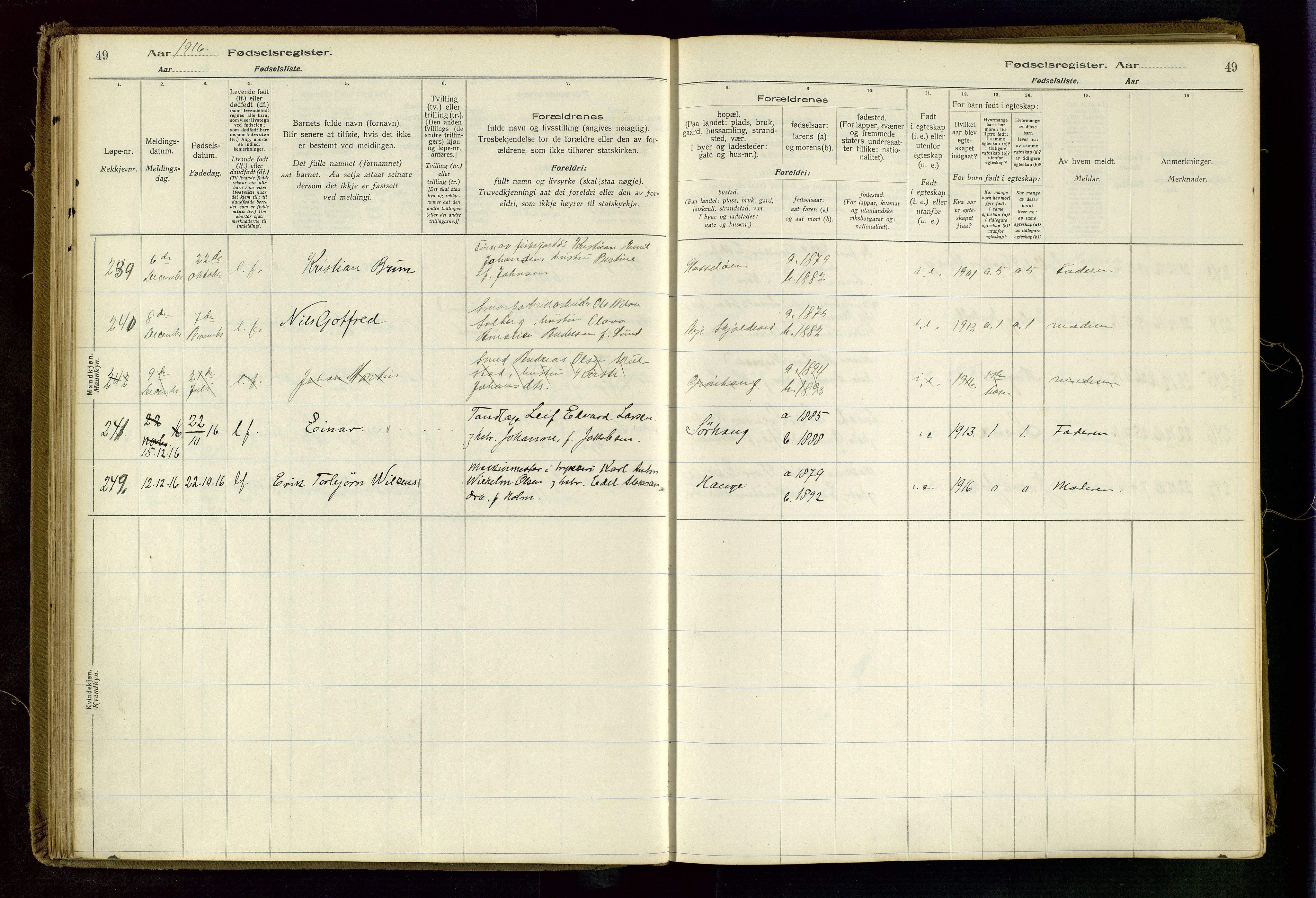 Haugesund sokneprestkontor, AV/SAST-A -101863/I/Id/L0003: Fødselsregister nr. 1, 1916-1919, s. 49