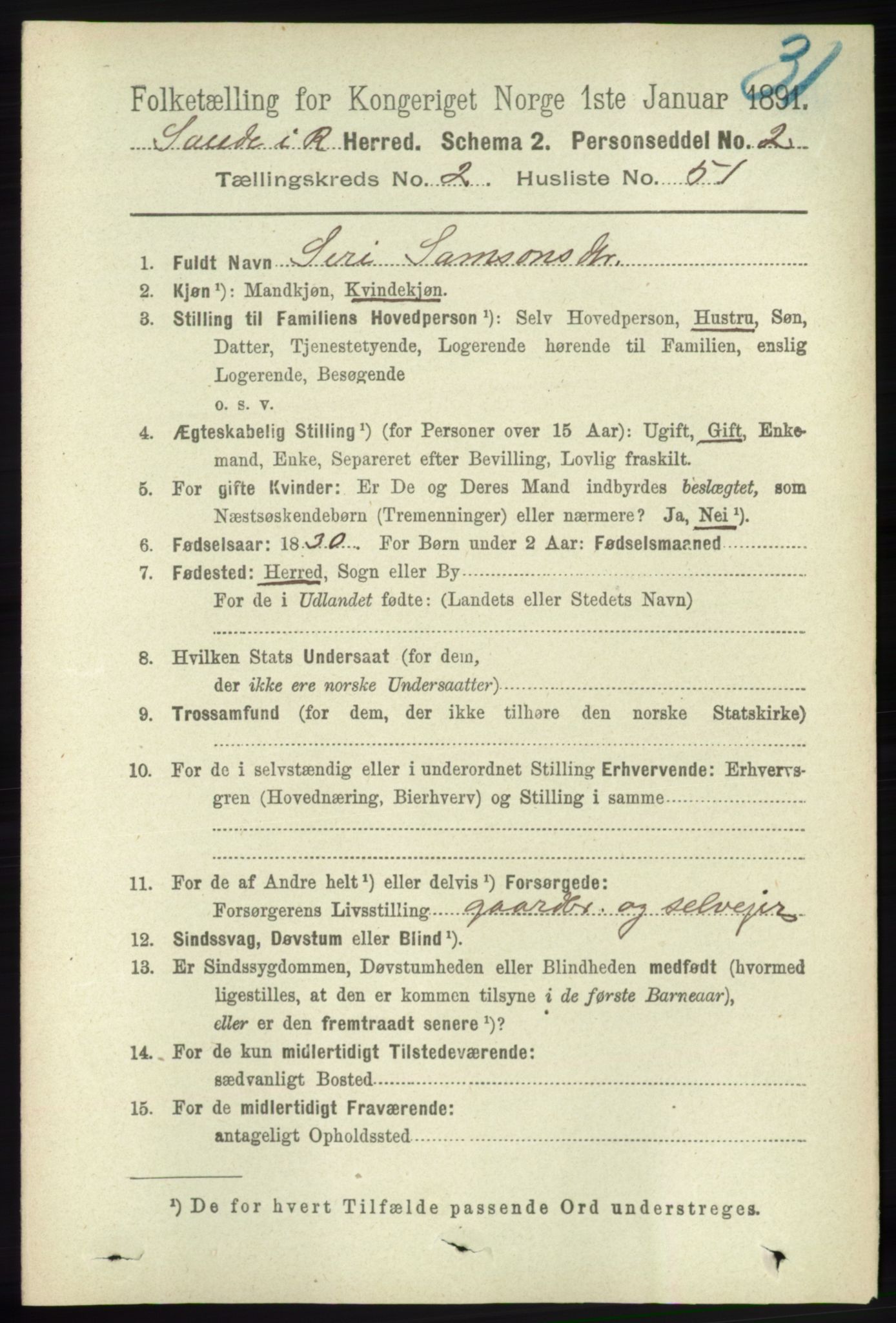 RA, Folketelling 1891 for 1135 Sauda herred, 1891, s. 889