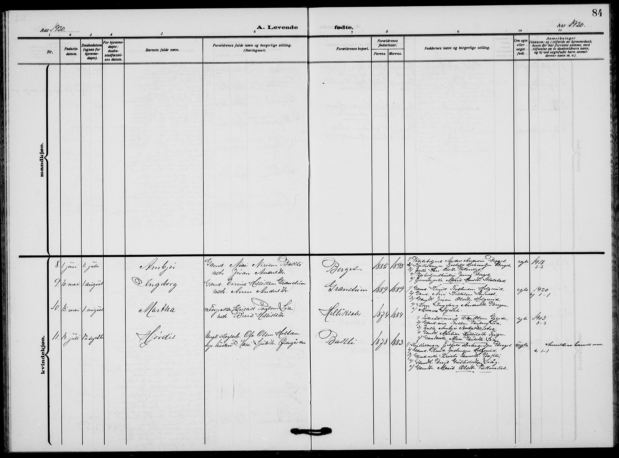 Flesberg kirkebøker, AV/SAKO-A-18/G/Ga/L0006: Klokkerbok nr. I 6, 1909-1924, s. 84