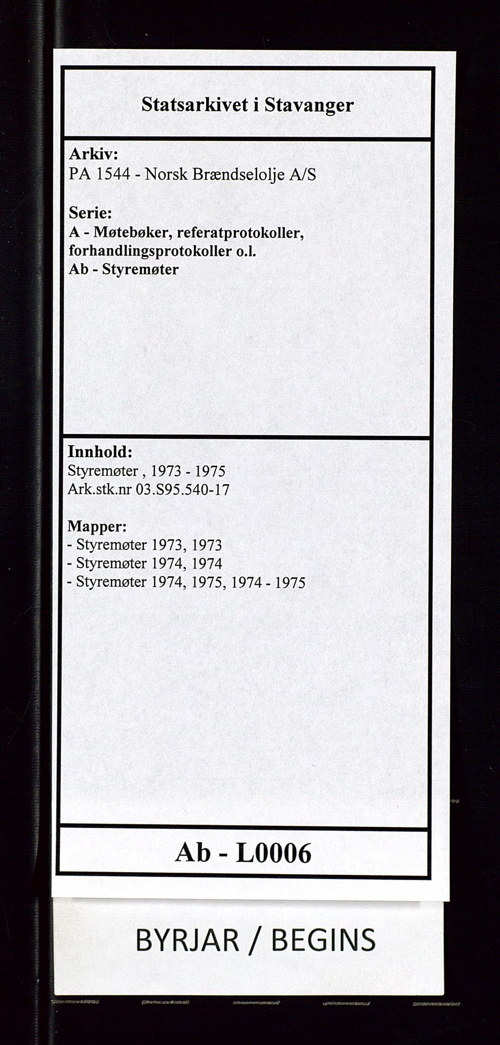 PA 1544 - Norsk Brændselolje A/S, AV/SAST-A-101965/1/A/Ab/L0006/0001: Styremøter  / Styremøter 1973, 1973, s. 1