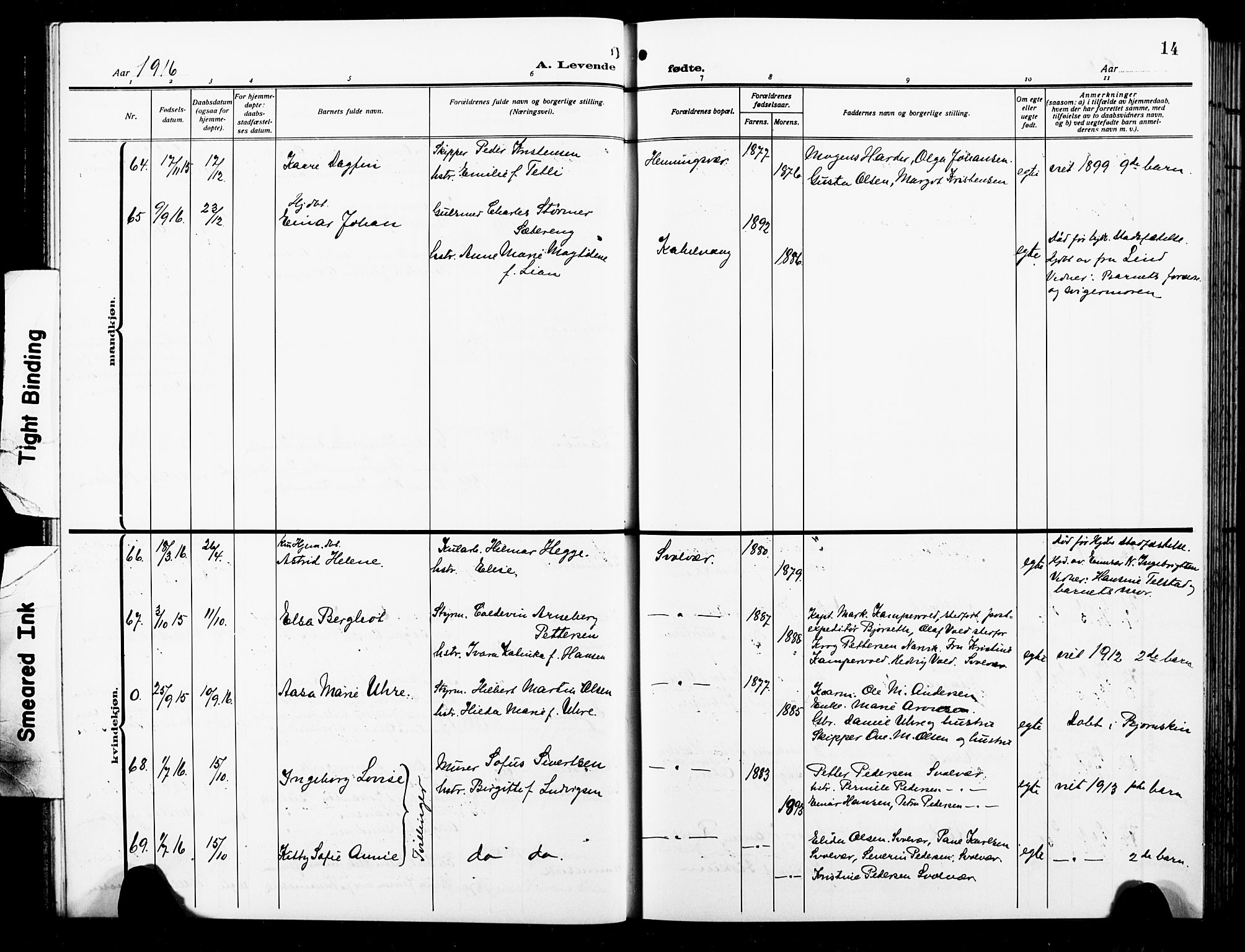 Ministerialprotokoller, klokkerbøker og fødselsregistre - Nordland, AV/SAT-A-1459/874/L1080: Klokkerbok nr. 874C09, 1915-1925, s. 14