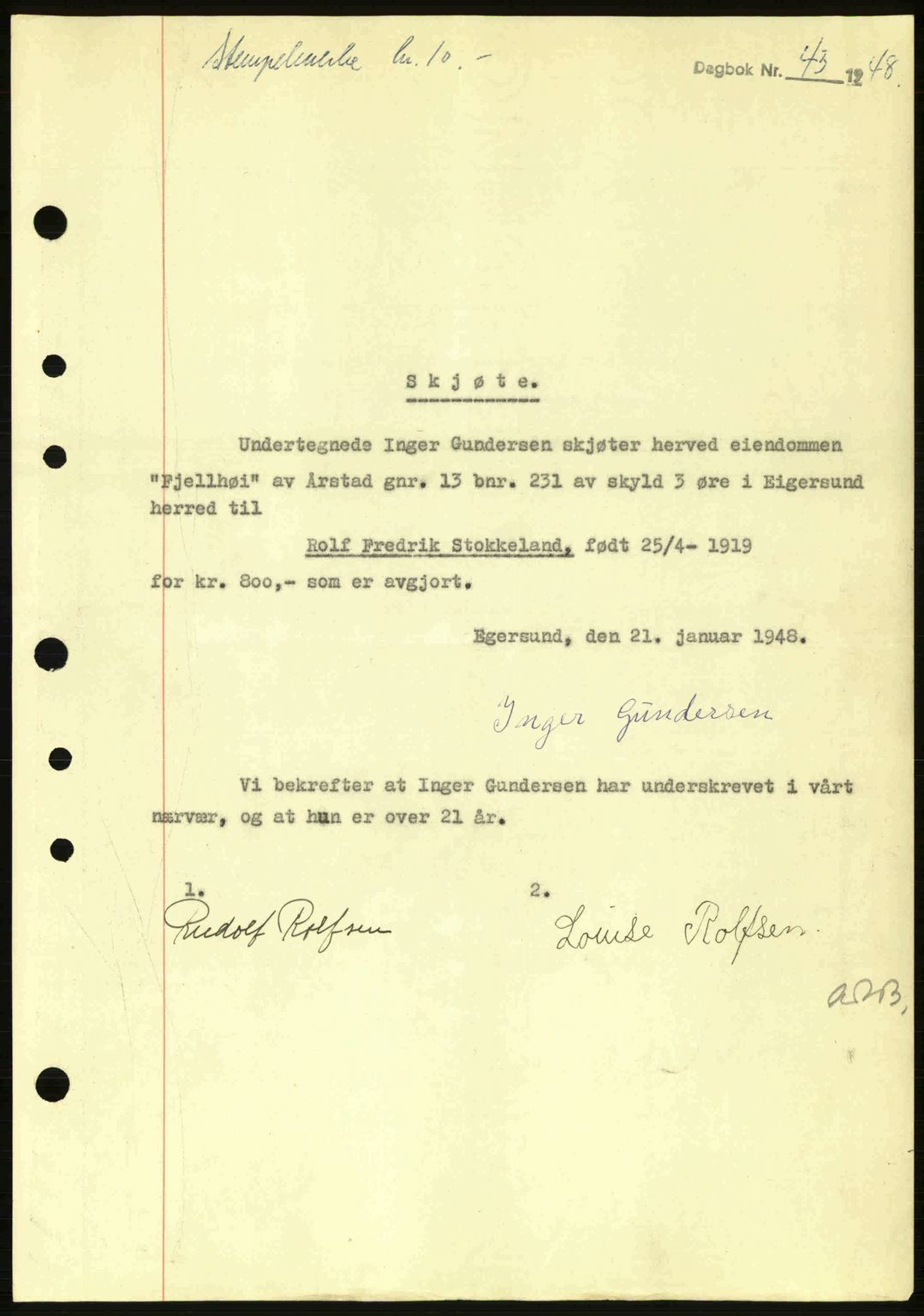 Dalane sorenskriveri, SAST/A-100309/02/G/Gb/L0051: Pantebok nr. A11, 1947-1948, Dagboknr: 43/1948
