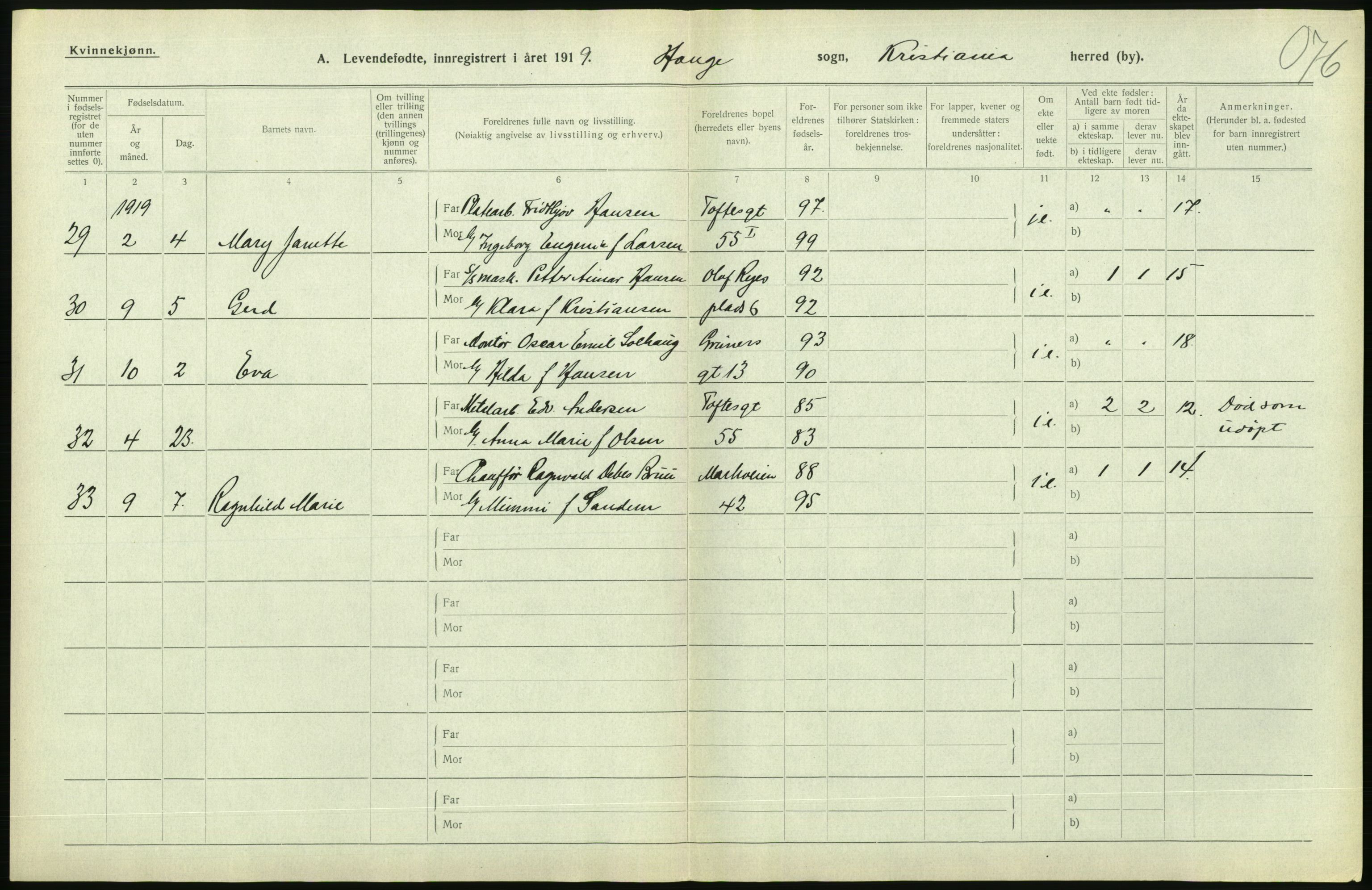 Statistisk sentralbyrå, Sosiodemografiske emner, Befolkning, AV/RA-S-2228/D/Df/Dfb/Dfbi/L0008: Kristiania: Levendefødte menn og kvinner., 1919