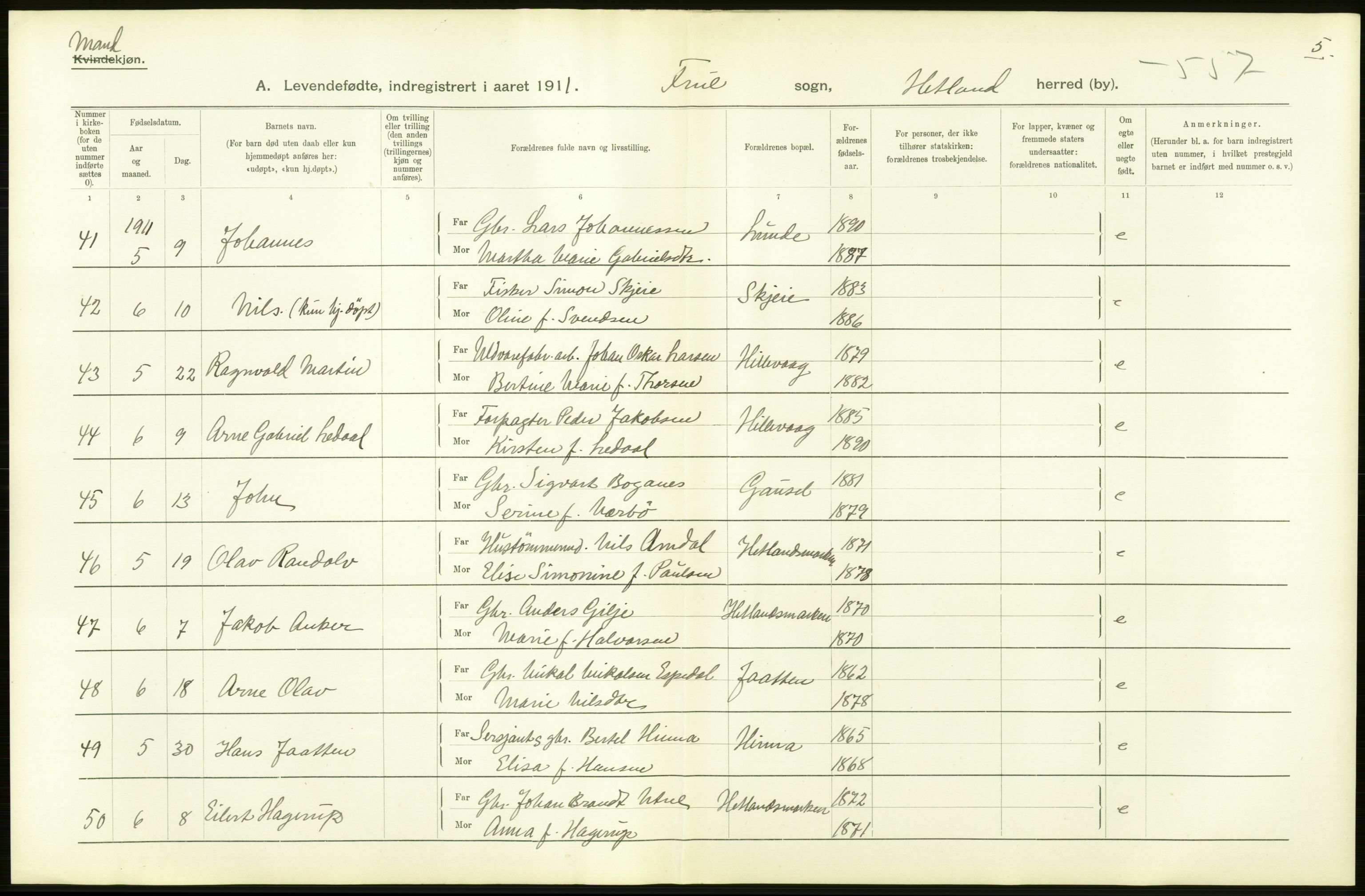 Statistisk sentralbyrå, Sosiodemografiske emner, Befolkning, RA/S-2228/D/Df/Dfb/Dfba/L0025: Stavanger amt:  Levendefødte menn og kvinner. Bygder., 1911, s. 14