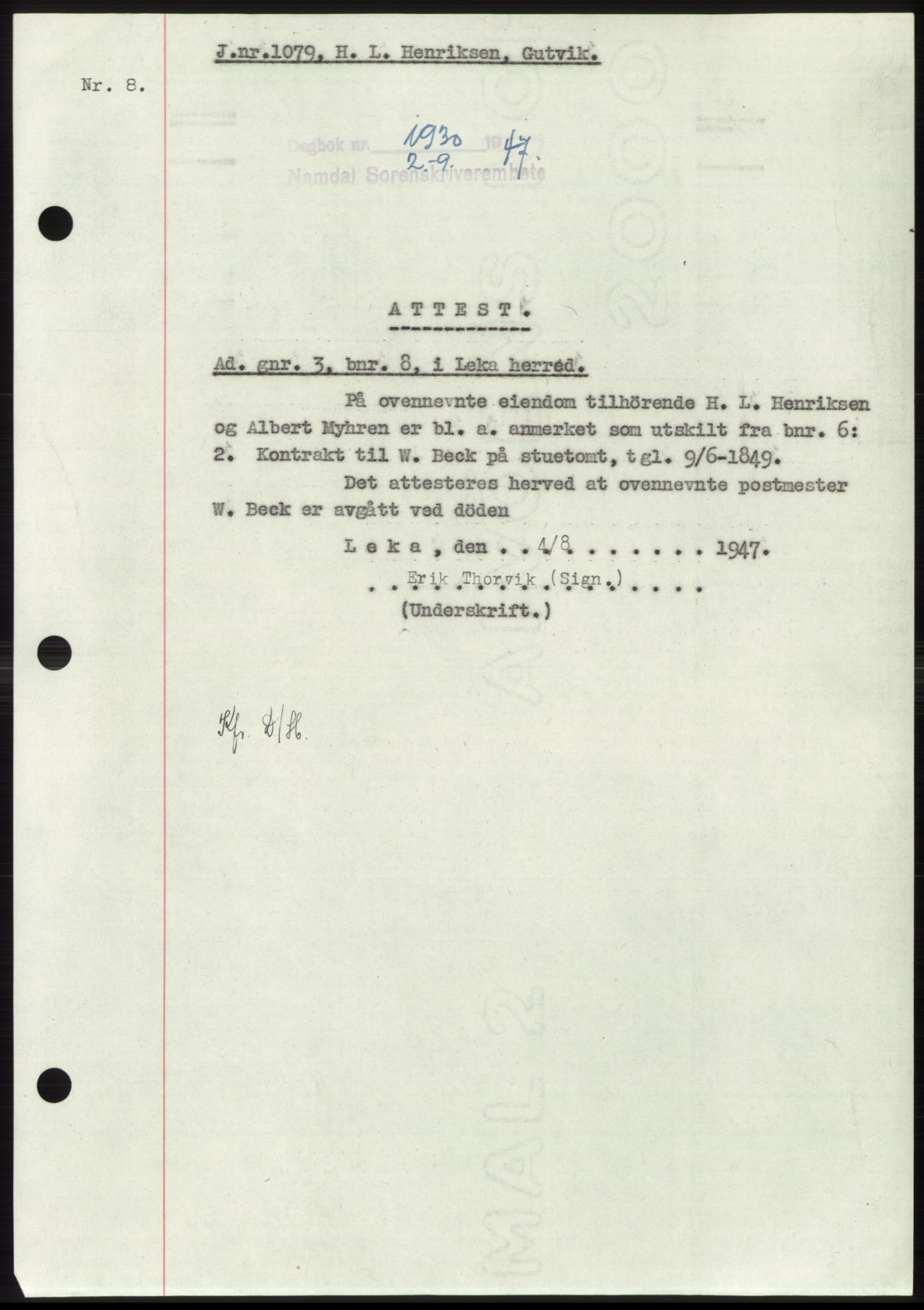 Namdal sorenskriveri, SAT/A-4133/1/2/2C: Pantebok nr. -, 1947-1947, Dagboknr: 1930/1947