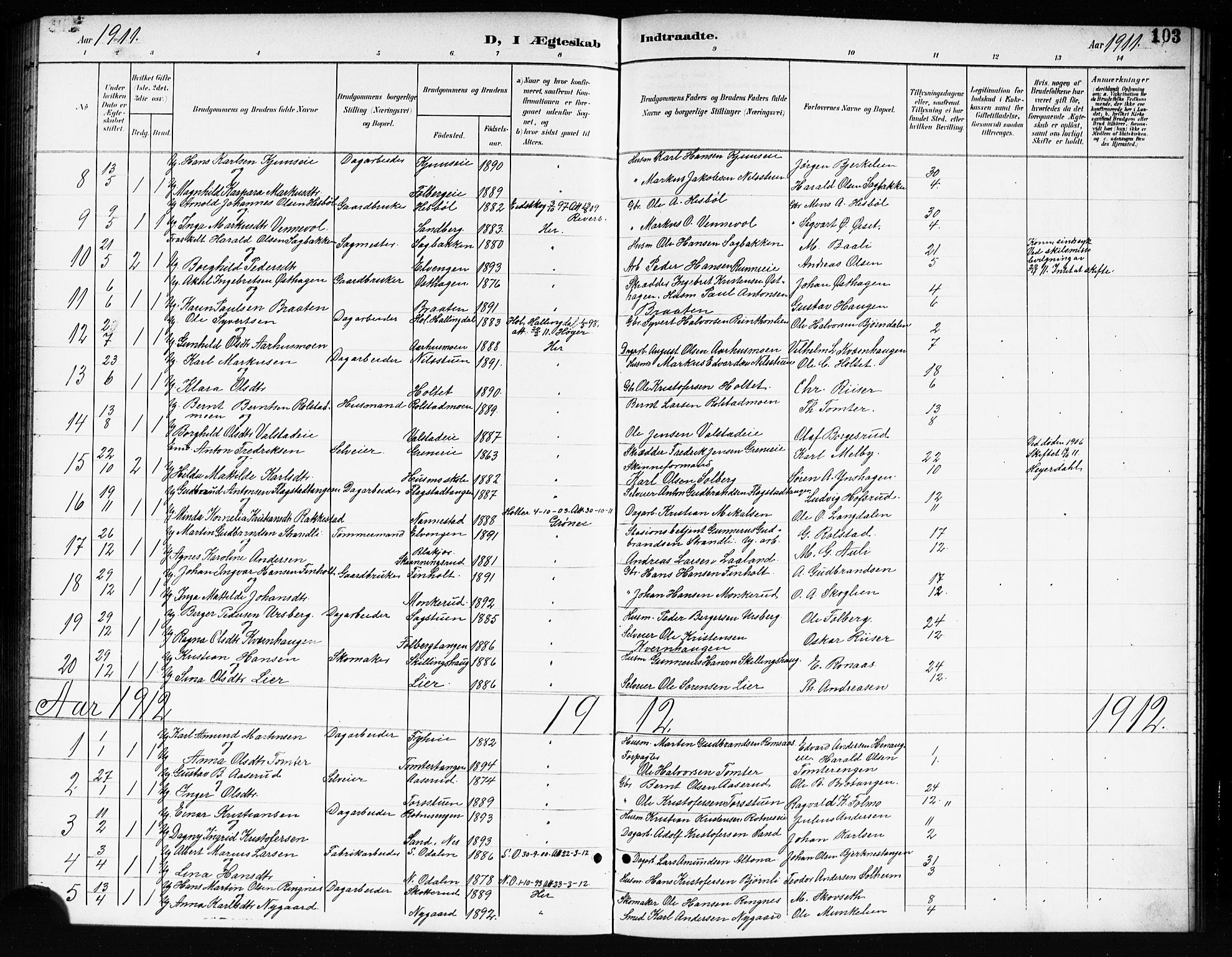 Nes prestekontor Kirkebøker, AV/SAO-A-10410/G/Gc/L0001: Klokkerbok nr. III 1, 1901-1917, s. 103