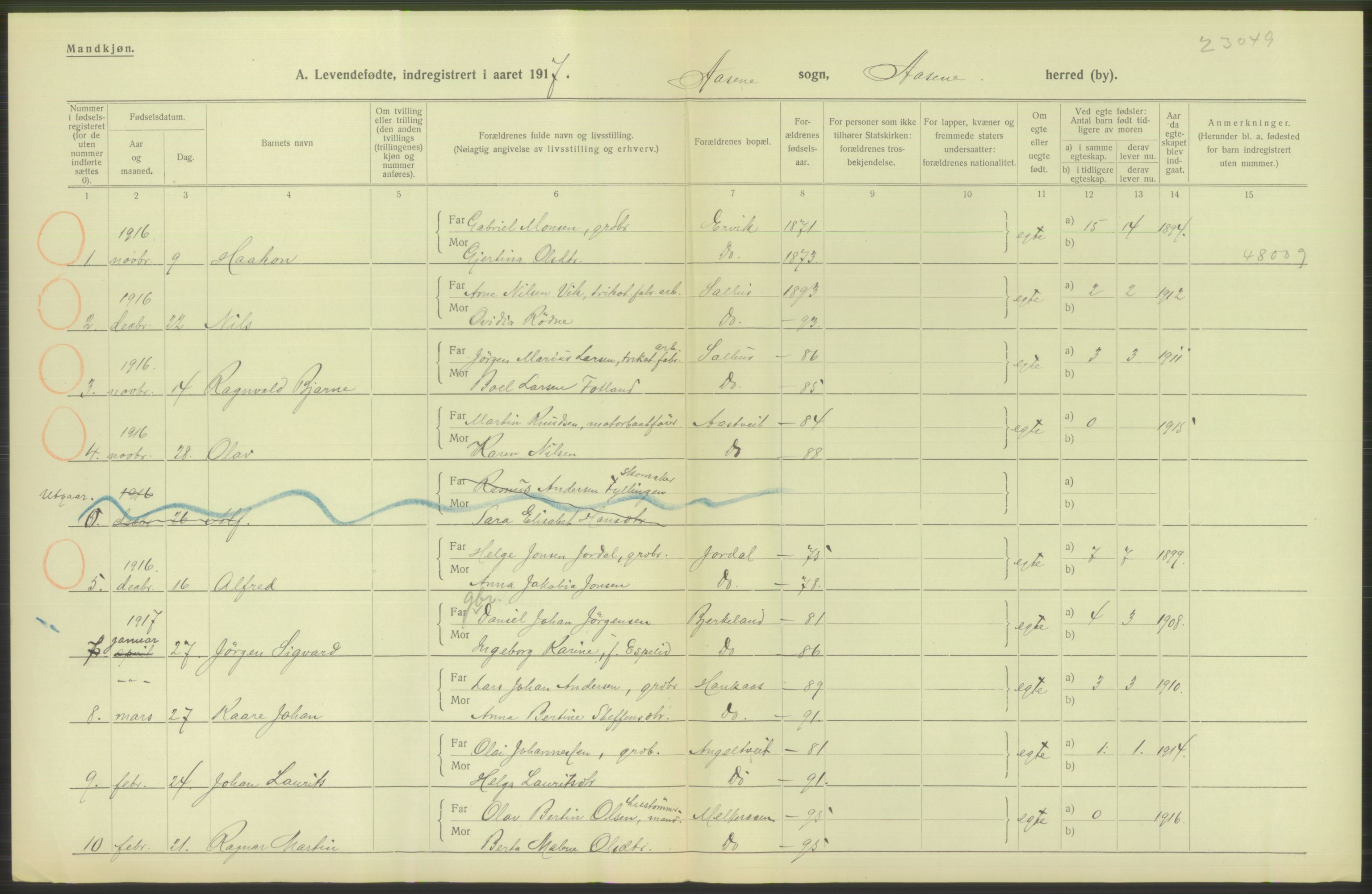 Statistisk sentralbyrå, Sosiodemografiske emner, Befolkning, RA/S-2228/D/Df/Dfb/Dfbg/L0034: S. Bergenhus amt: Levendefødte menn og kvinner. Bygder., 1917, s. 164