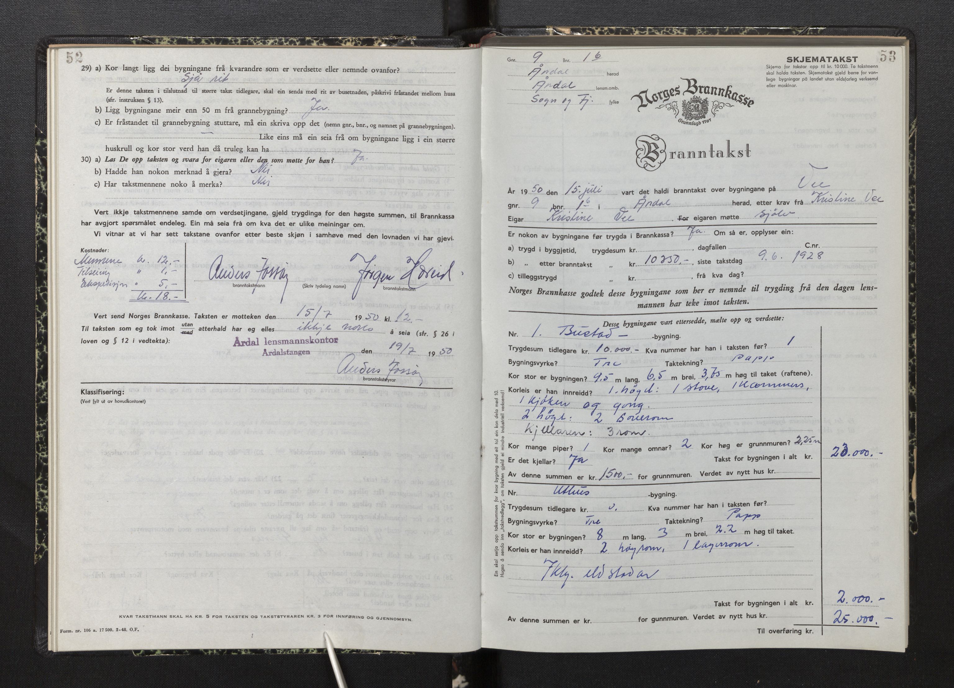 Lensmannen i Årdal, AV/SAB-A-30501/0012/L0012: Branntakstprotokoll, skjematakst, 1949-1955, s. 52-53