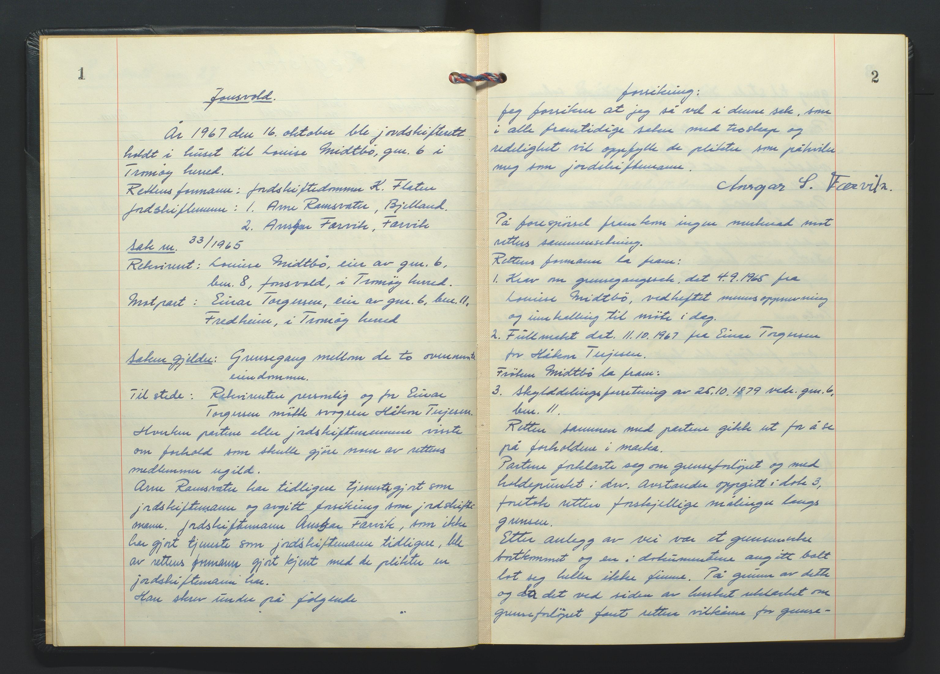 Nedenes jordskifterett, AV/SAK-1541-0007/F/Fa/Faa/L0010: Jordskifteprotokoll med gårdsregister, Nedenes domssokn nr 27, 1967-1970, s. 1-2