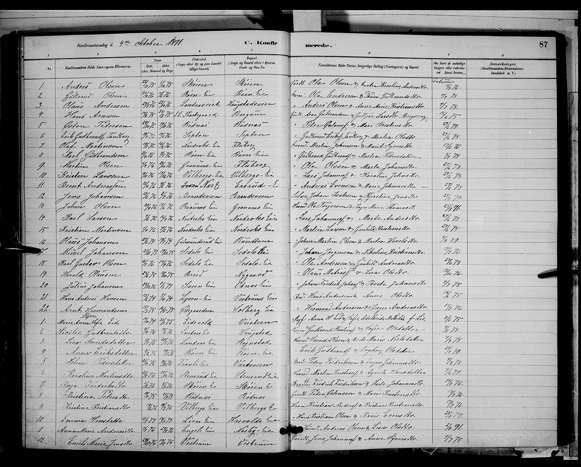 Søndre Land prestekontor, AV/SAH-PREST-122/L/L0003: Klokkerbok nr. 3, 1884-1902, s. 87