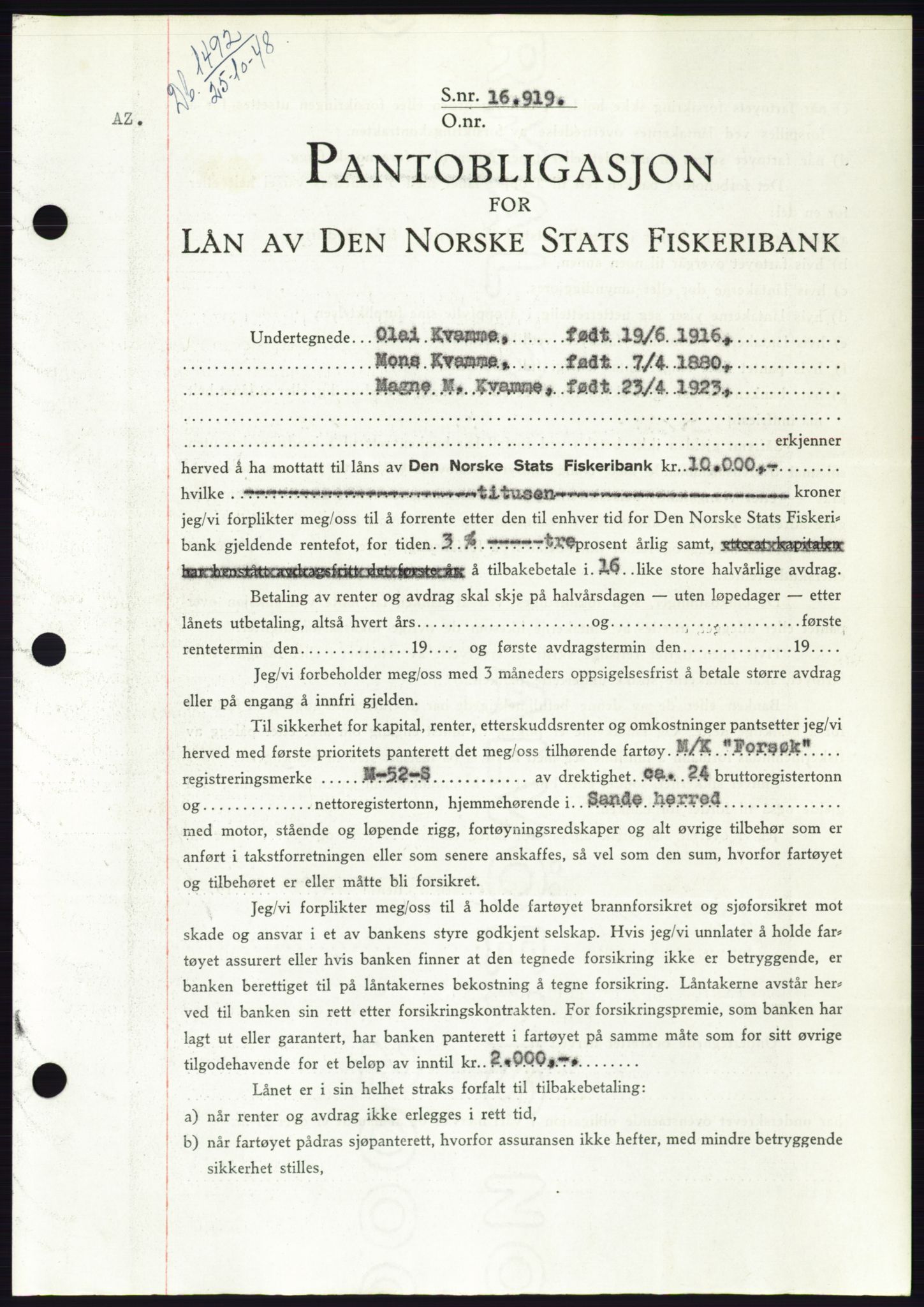 Søre Sunnmøre sorenskriveri, AV/SAT-A-4122/1/2/2C/L0116: Pantebok nr. 4B, 1948-1949, Dagboknr: 1492/1948