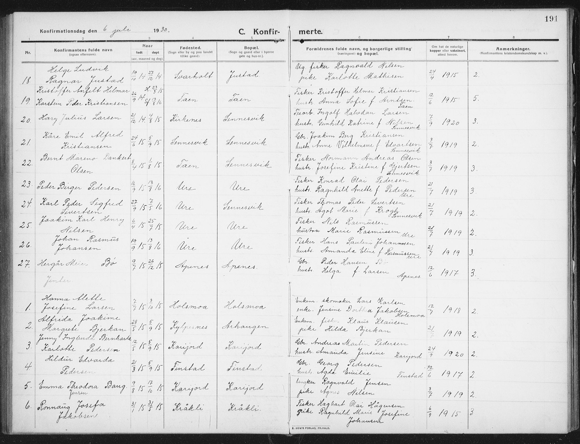 Ministerialprotokoller, klokkerbøker og fødselsregistre - Nordland, SAT/A-1459/882/L1183: Klokkerbok nr. 882C01, 1911-1938, s. 191