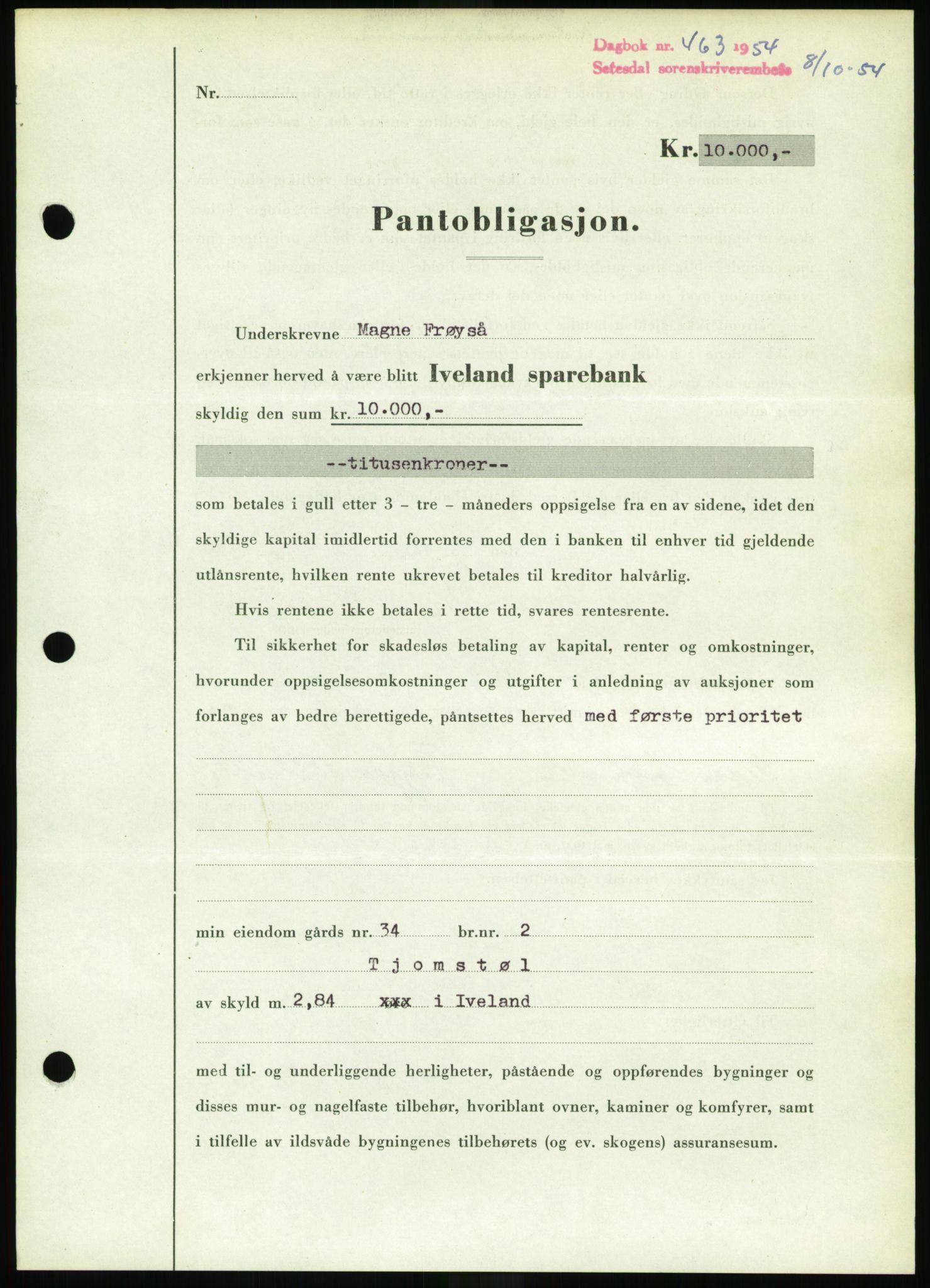 Setesdal sorenskriveri, SAK/1221-0011/G/Gb/L0052: Pantebok nr. B 40, 1954-1955, Dagboknr: 463/1954