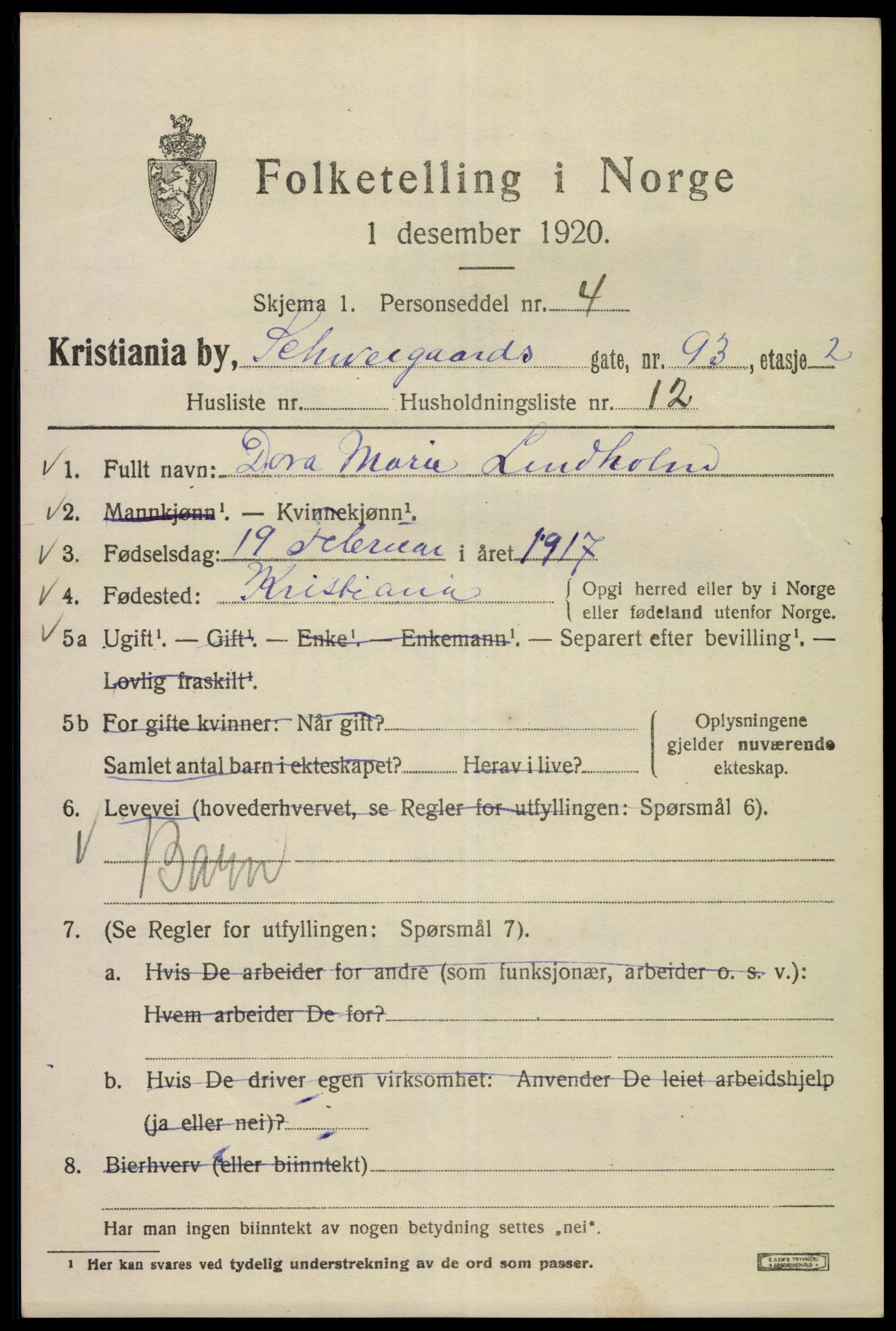 SAO, Folketelling 1920 for 0301 Kristiania kjøpstad, 1920, s. 499163