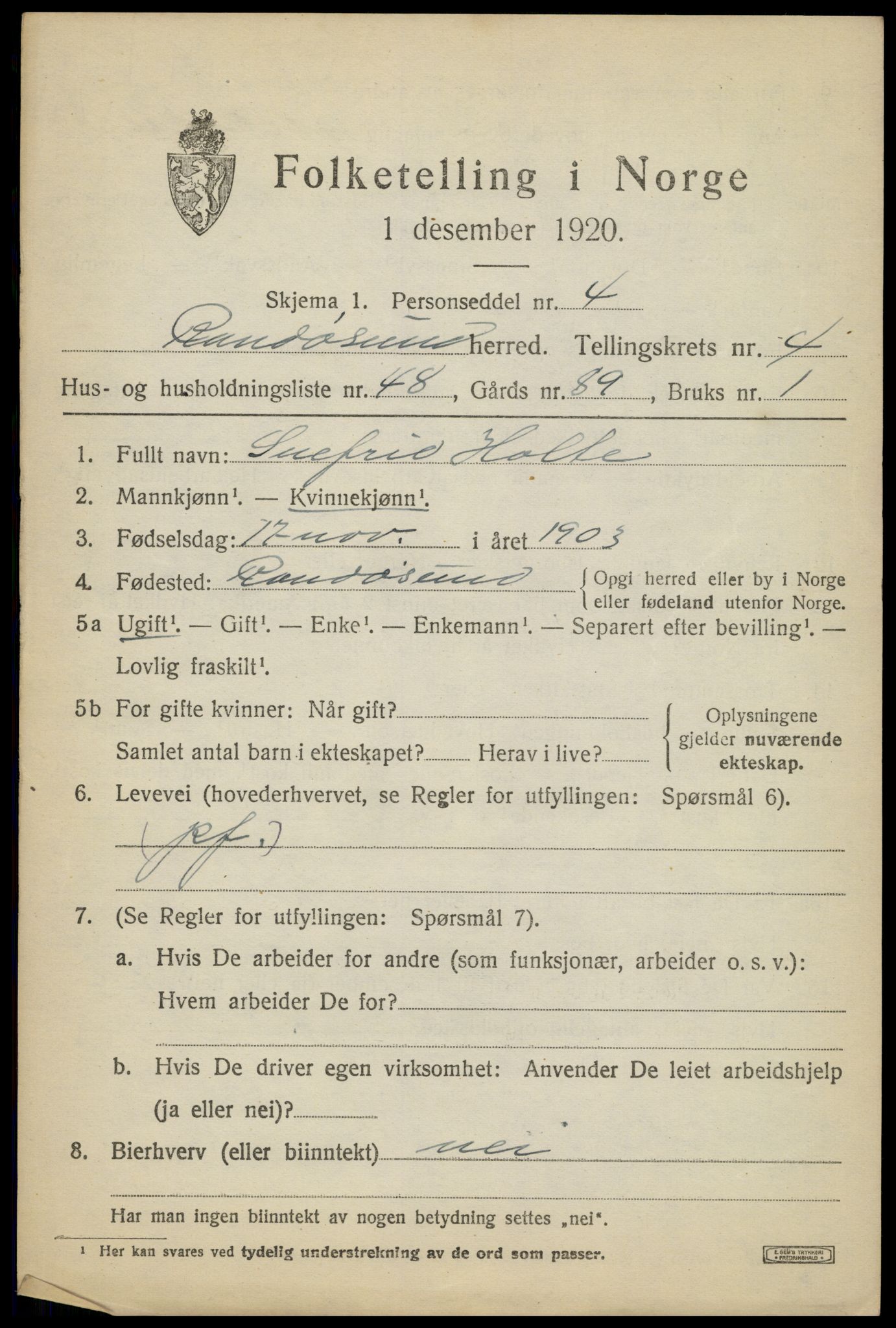 SAK, Folketelling 1920 for 1011 Randesund herred, 1920, s. 2282