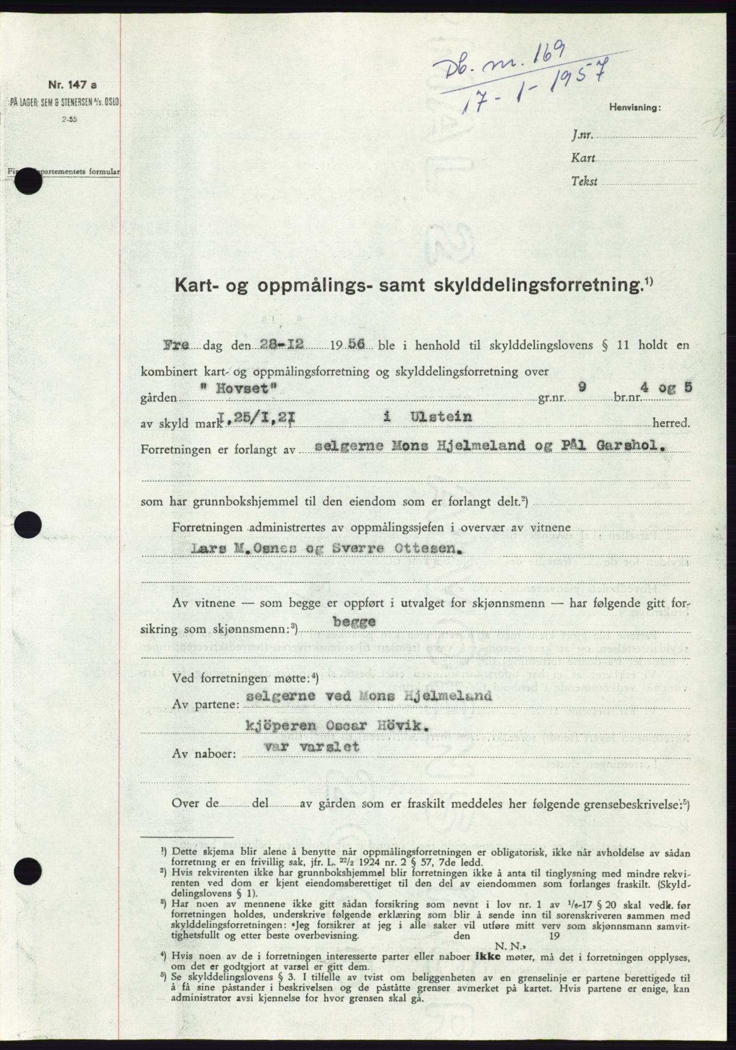 Søre Sunnmøre sorenskriveri, AV/SAT-A-4122/1/2/2C/L0105: Pantebok nr. 31A, 1956-1957, Dagboknr: 169/1957