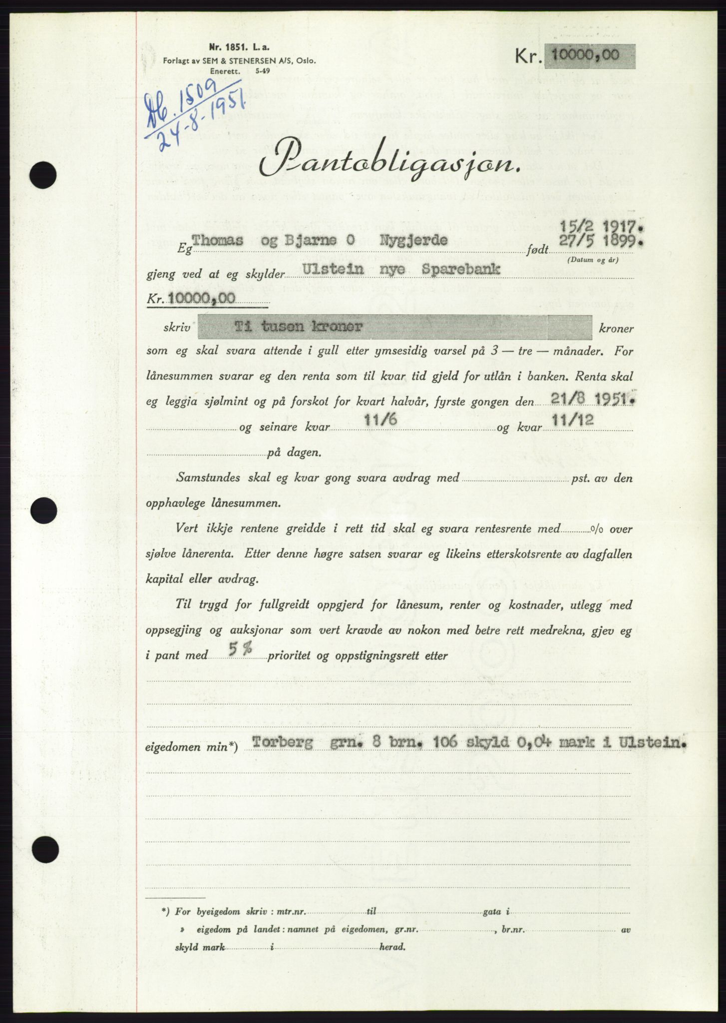 Søre Sunnmøre sorenskriveri, AV/SAT-A-4122/1/2/2C/L0120: Pantebok nr. 8B, 1951-1951, Dagboknr: 1509/1951